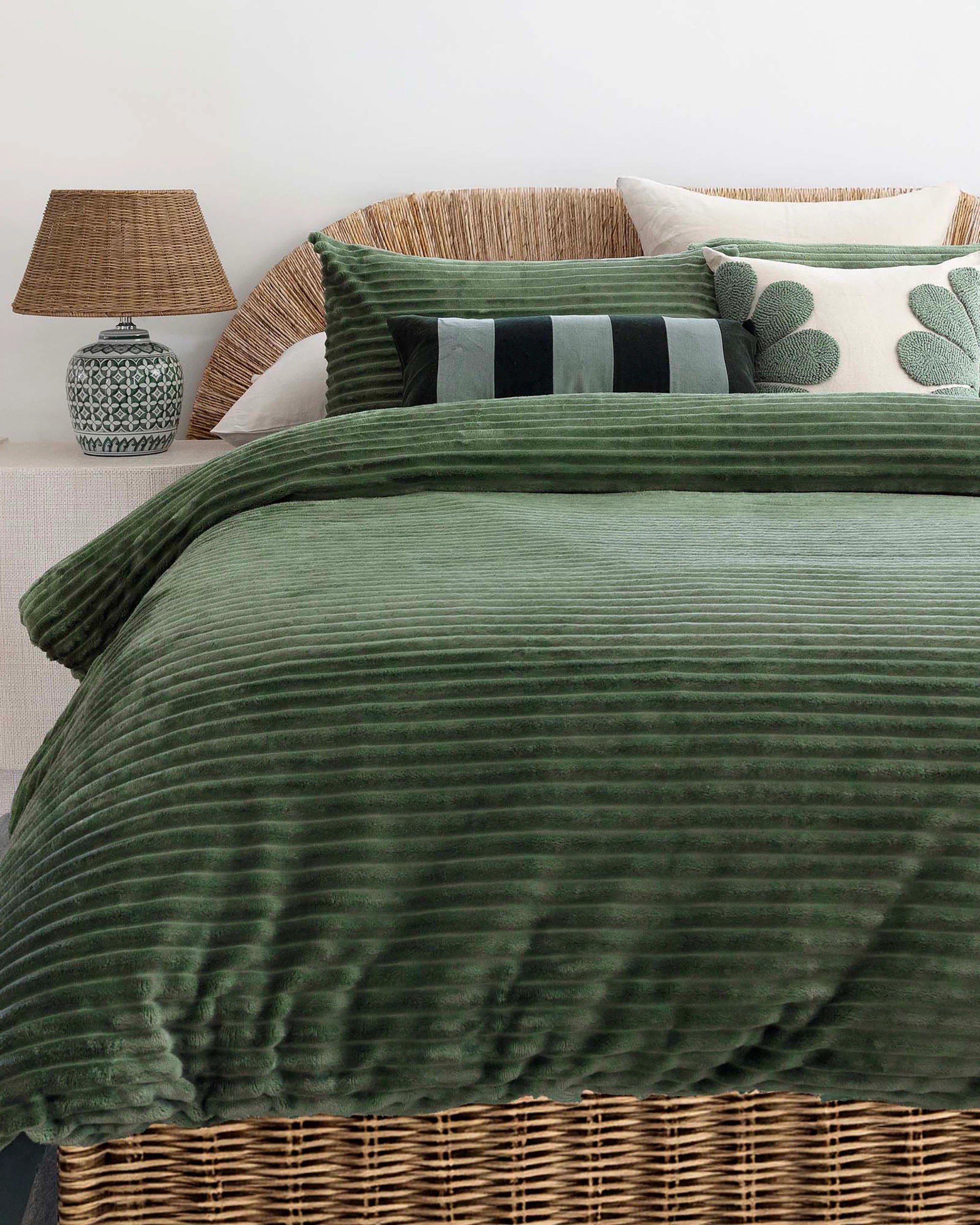 1 Bambury Channel Plush Velour Striped Quilt Cover Set Juniper - Super King Bed - Green, 1 of 3