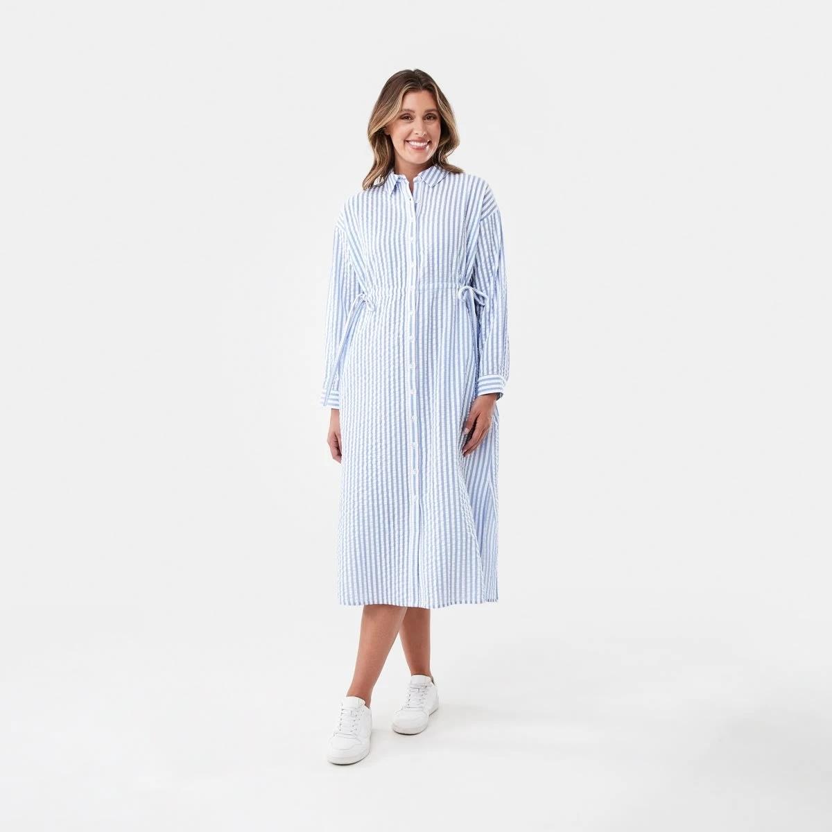1 Long Sleeve Ruched Front Midi Shirt Dress Tny Stripe, 1 of 8