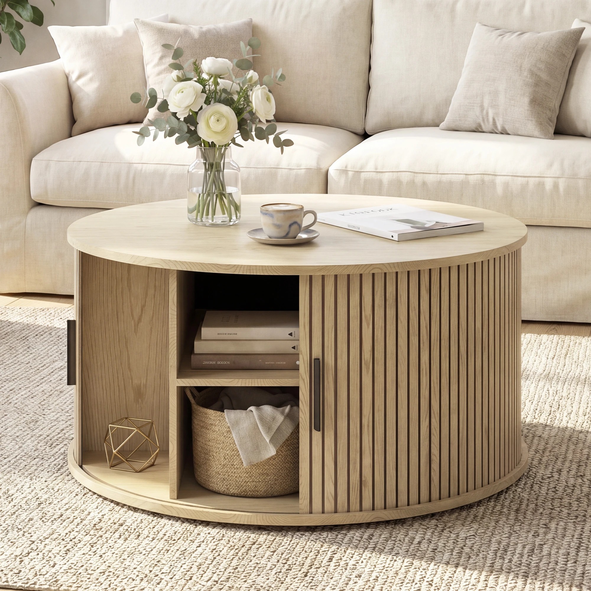 7 Advwin Round Coffee Table with Sliding Door 80cm Mid Century Fluted Tambour Door Design Center Table - Natural, 7 of 7