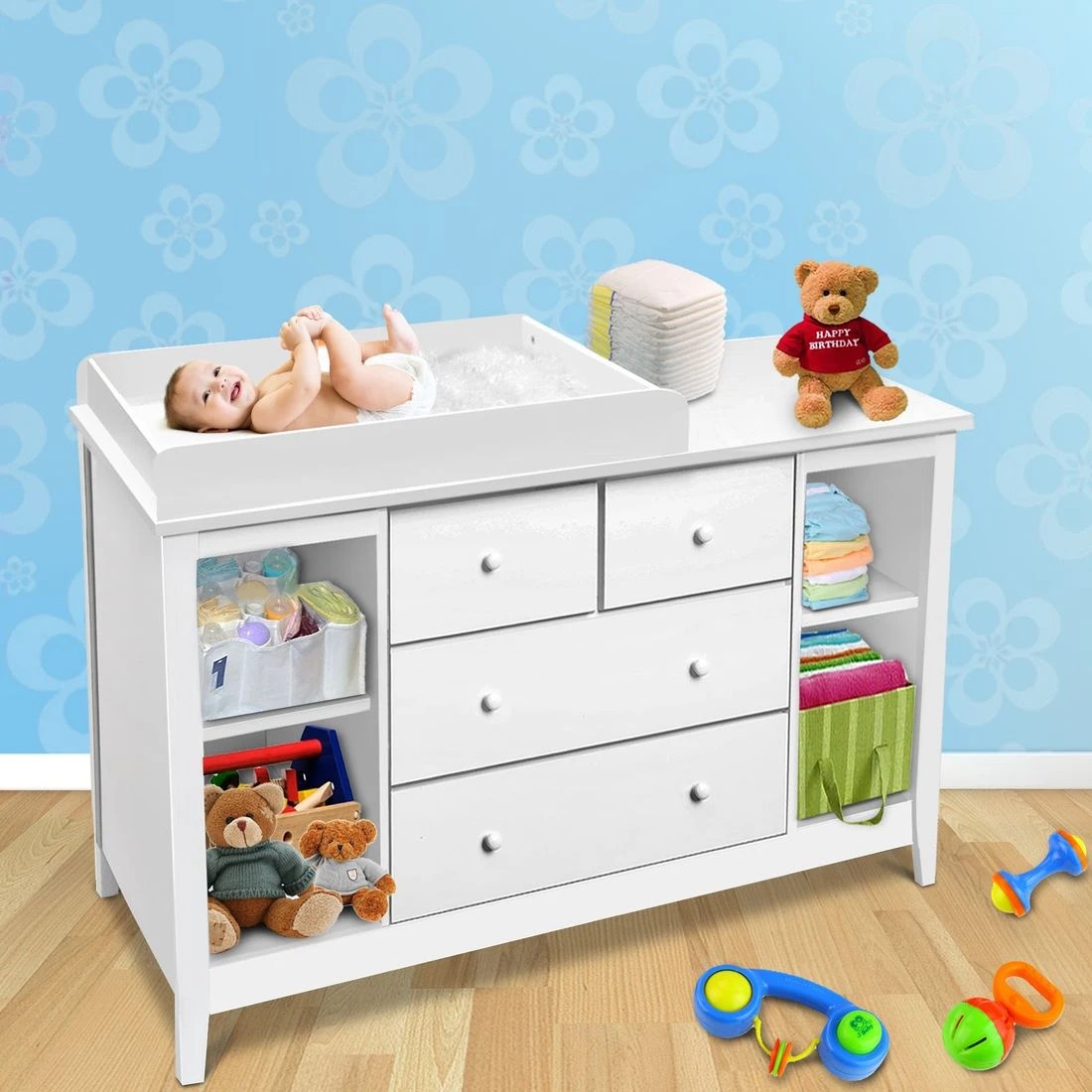 9 Keezi Baby Changing Table Diaper Station Drawers Chest Cabinet Nursery Furniture - White, 9 of 10
