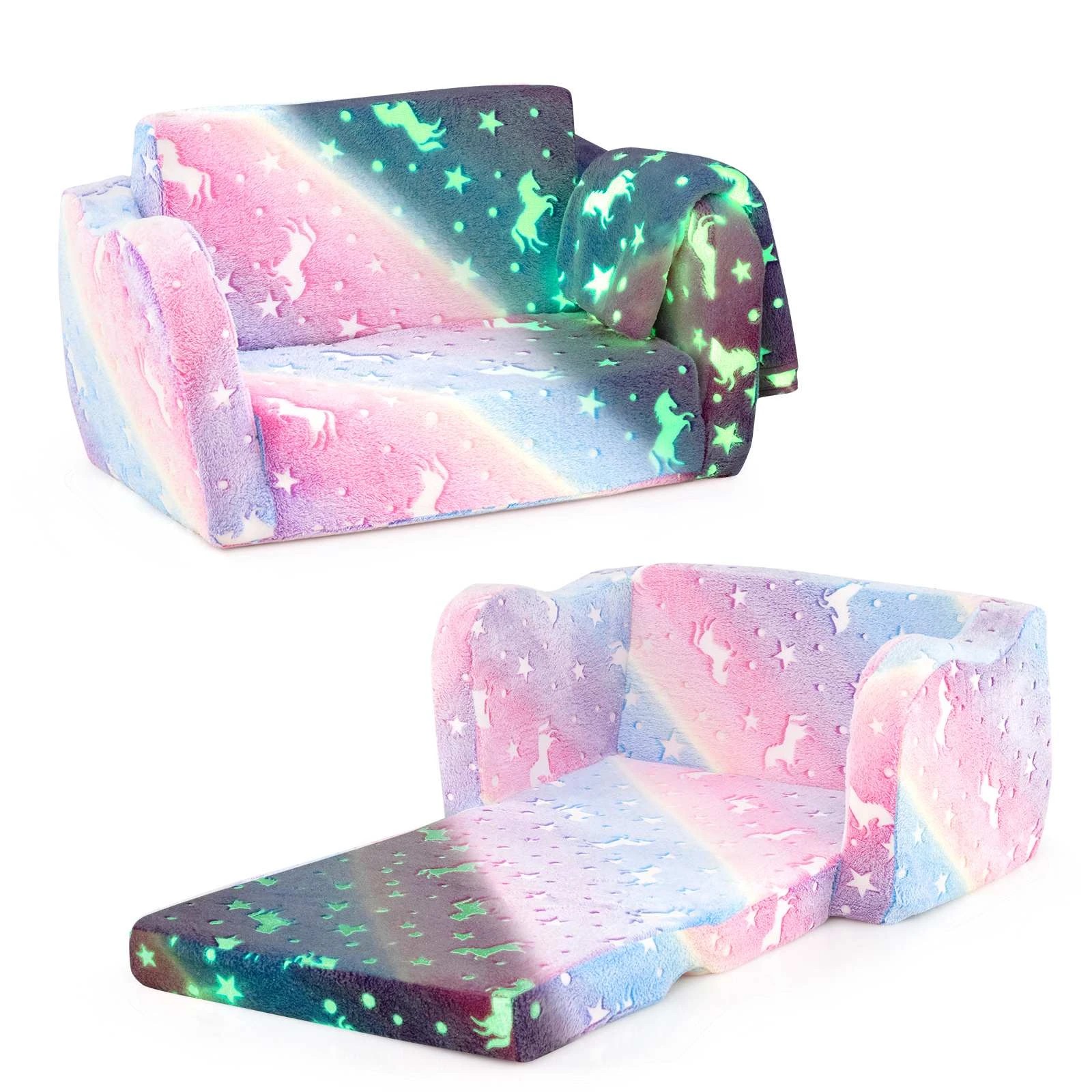 1 Costway 2-in-1 Luminous Foldable Sofa w/Blanket & Machine Washable Flannel Cover - Multi, 1 of 2