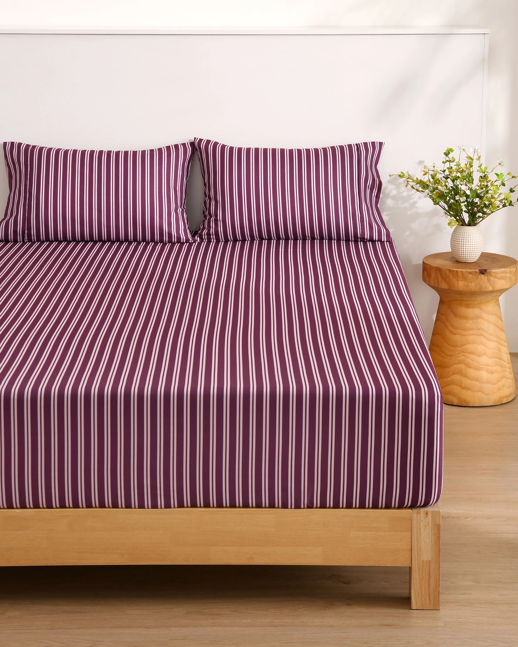 1 Dreamaker Pippa Stripe Fitted Sheet Set - Single Bed - Plum, 1 of 6
