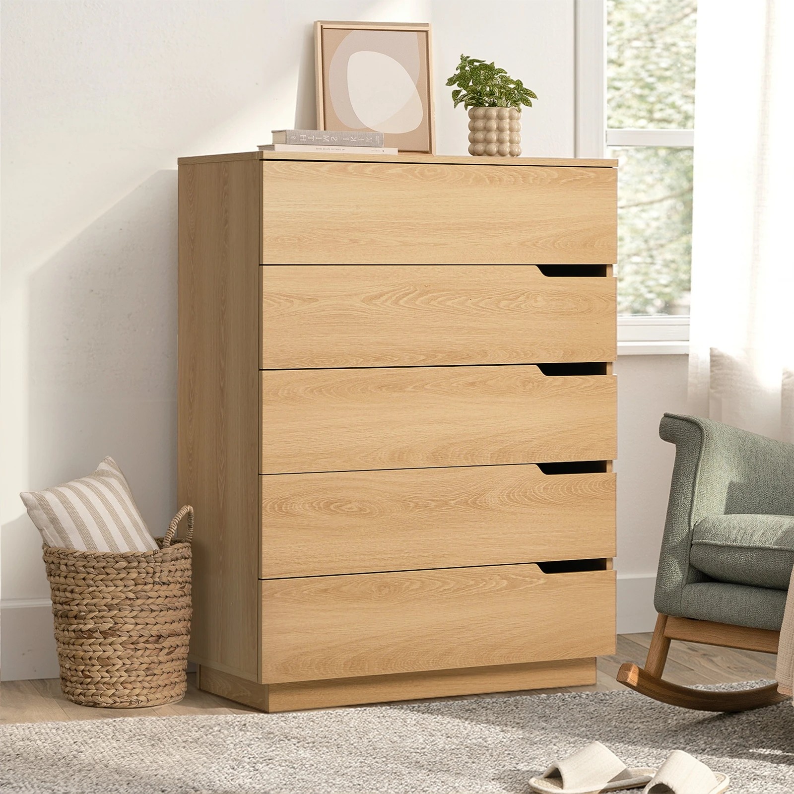 3 Oikiture 5 Chest of Drawers Dresser Tallboy Storage Cabinet Bedroom - Natural, 3 of 9