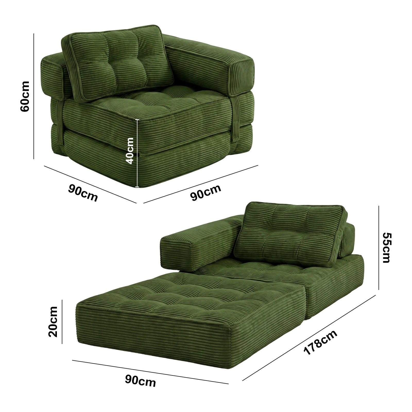 2 Advwin Folding Sofa Bed 3-in-1 Convertible Sleeper Chair with L-Shaped Armrest & Pillow Lazy Floor Sofa - Green, 2 of 4