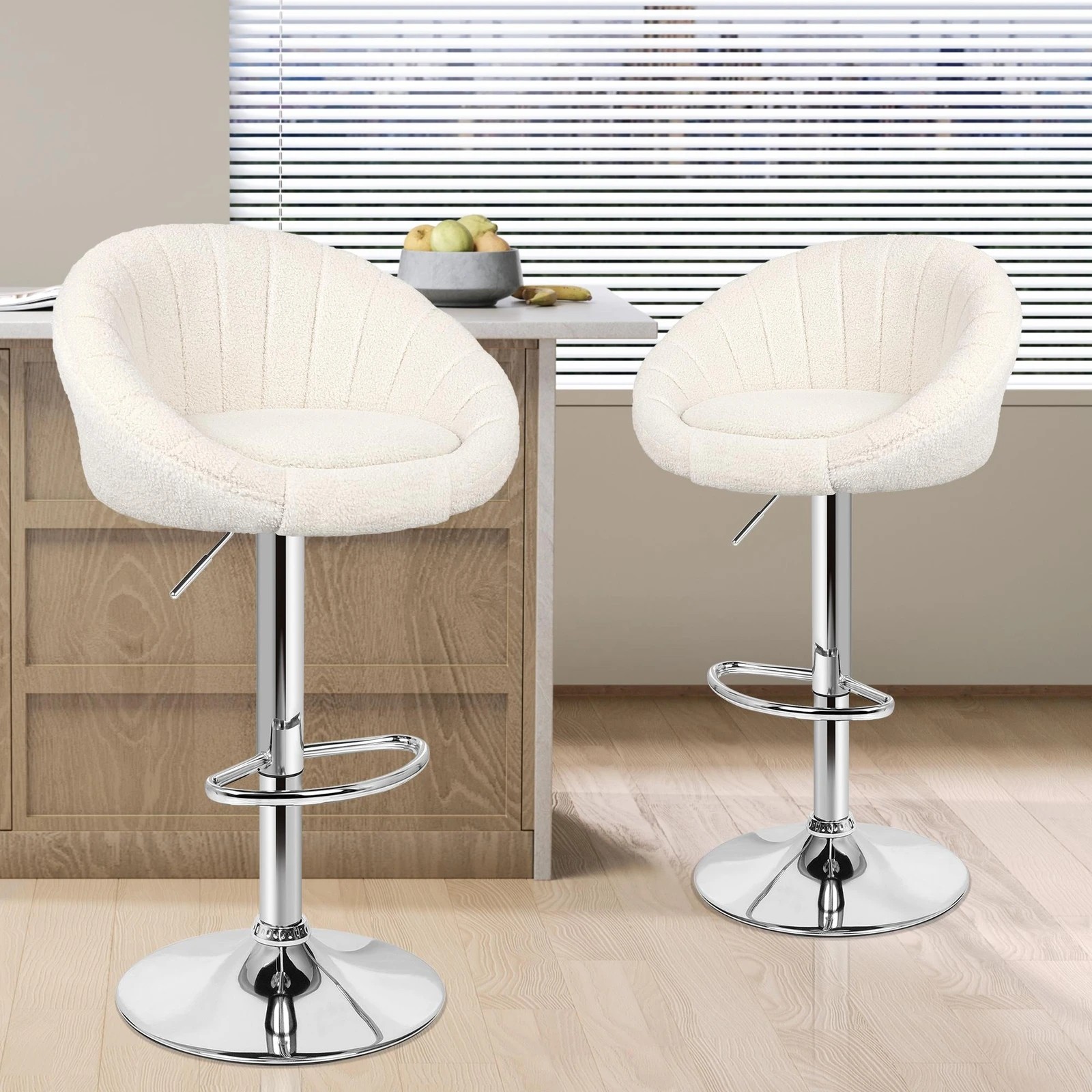 2 Alfordson 2x Bar Stools Gas Lift Sherpa Bar Chairs Kitchen Swivel - Beige, 2 of 9