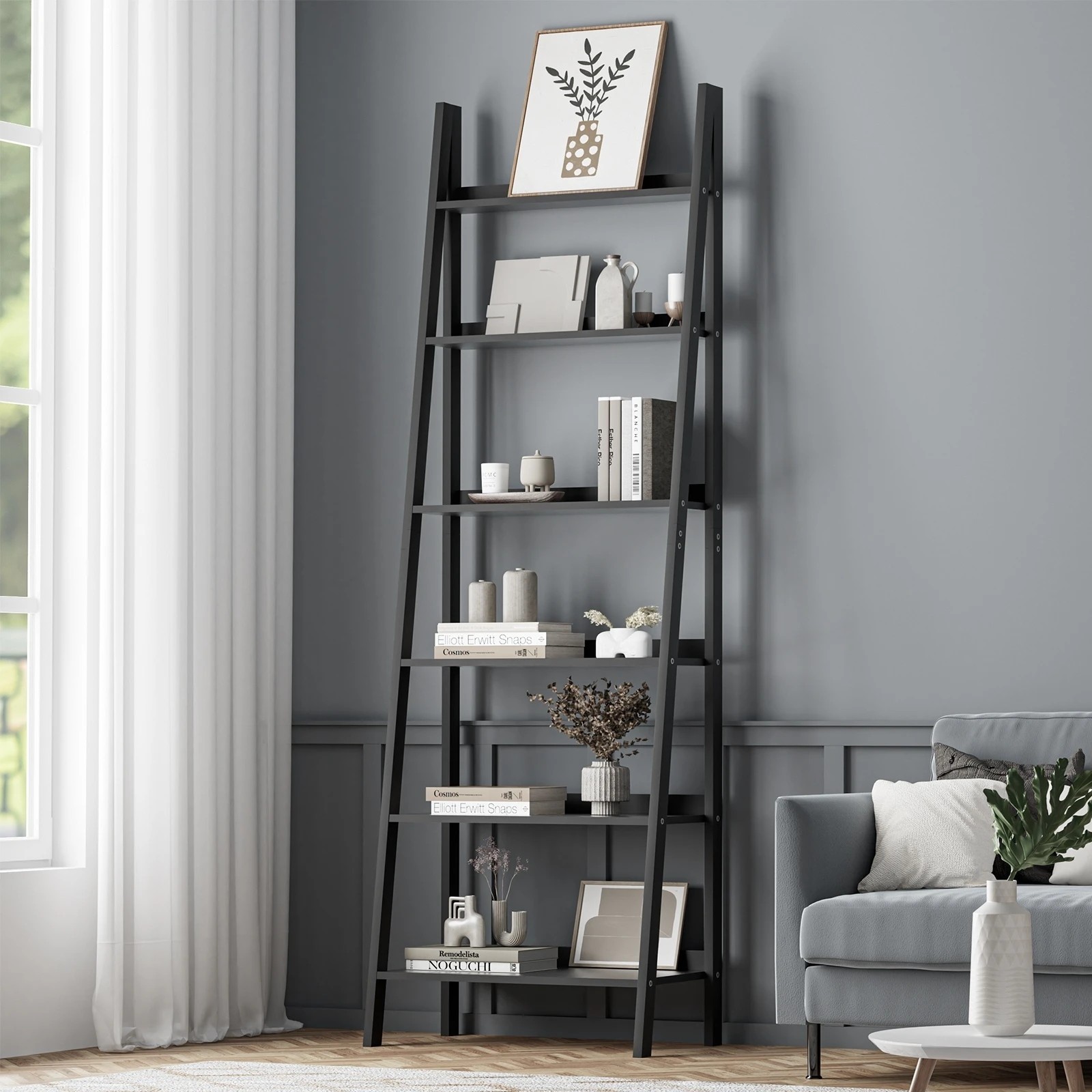 2 Oikiture Bookshelf 6 Tier Corner Ladder Shelf Home Storage Display Rack
 - Black, 2 of 9