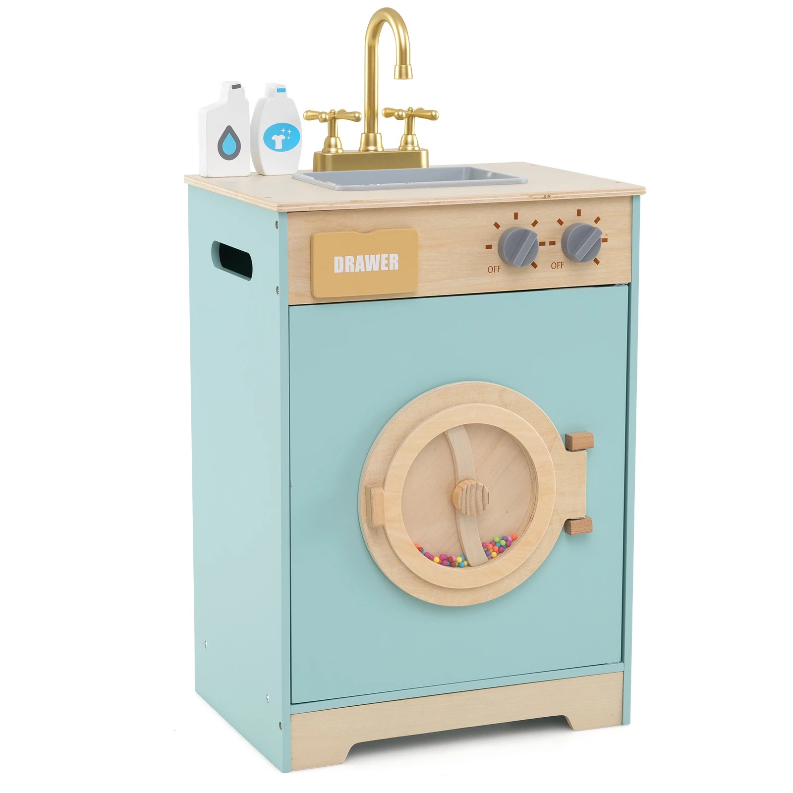1 Costway Washer Playset Toy Wooden Washing Machine Laundry Pretend Play Set - Multi, 1 of 1