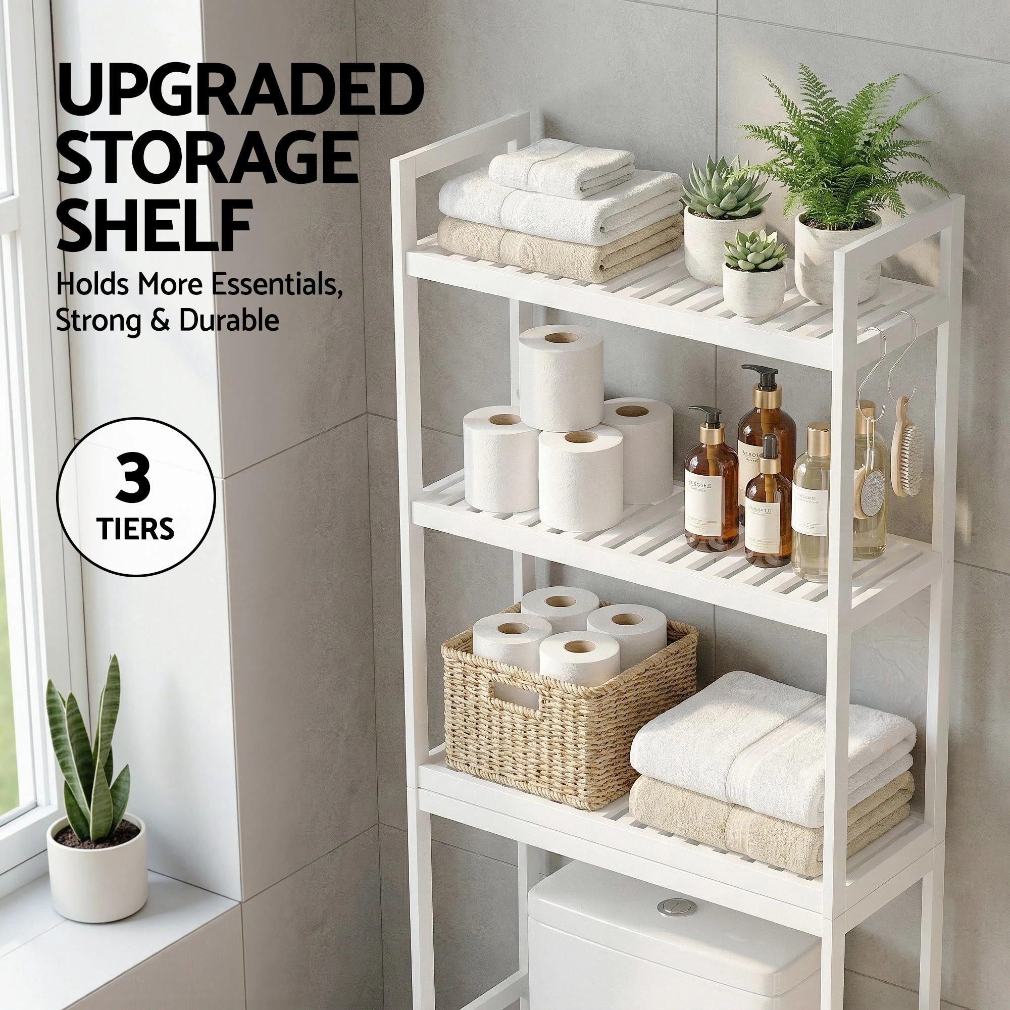 4 Artiss Over Toilet Storage Bathroom Rack Space Saving 3 Tier Organiser - White, 4 of 7