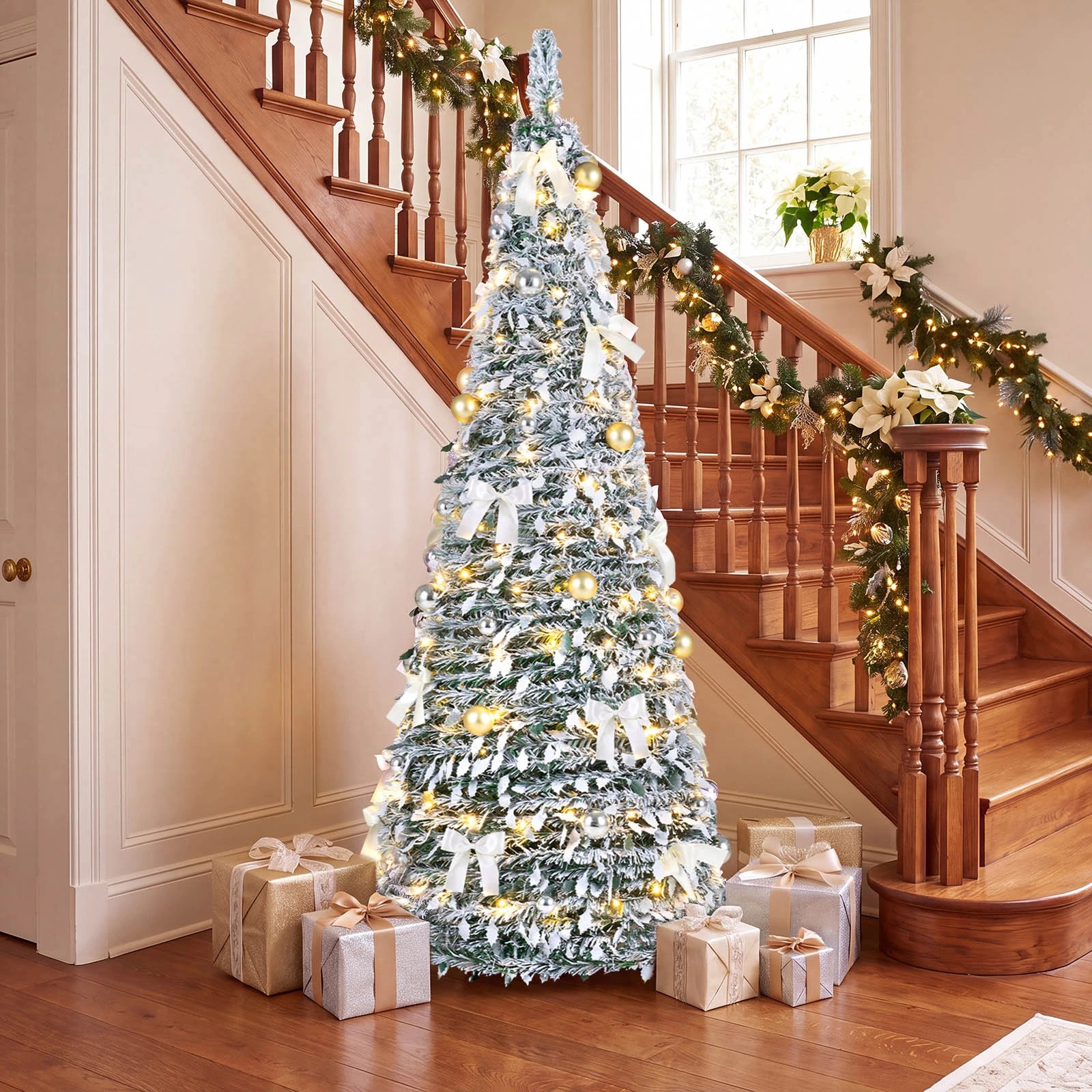 Costway 1.8M Snow-Flocked Pop Up Christmas Tree w/20 Bowknots Pre-lit ...