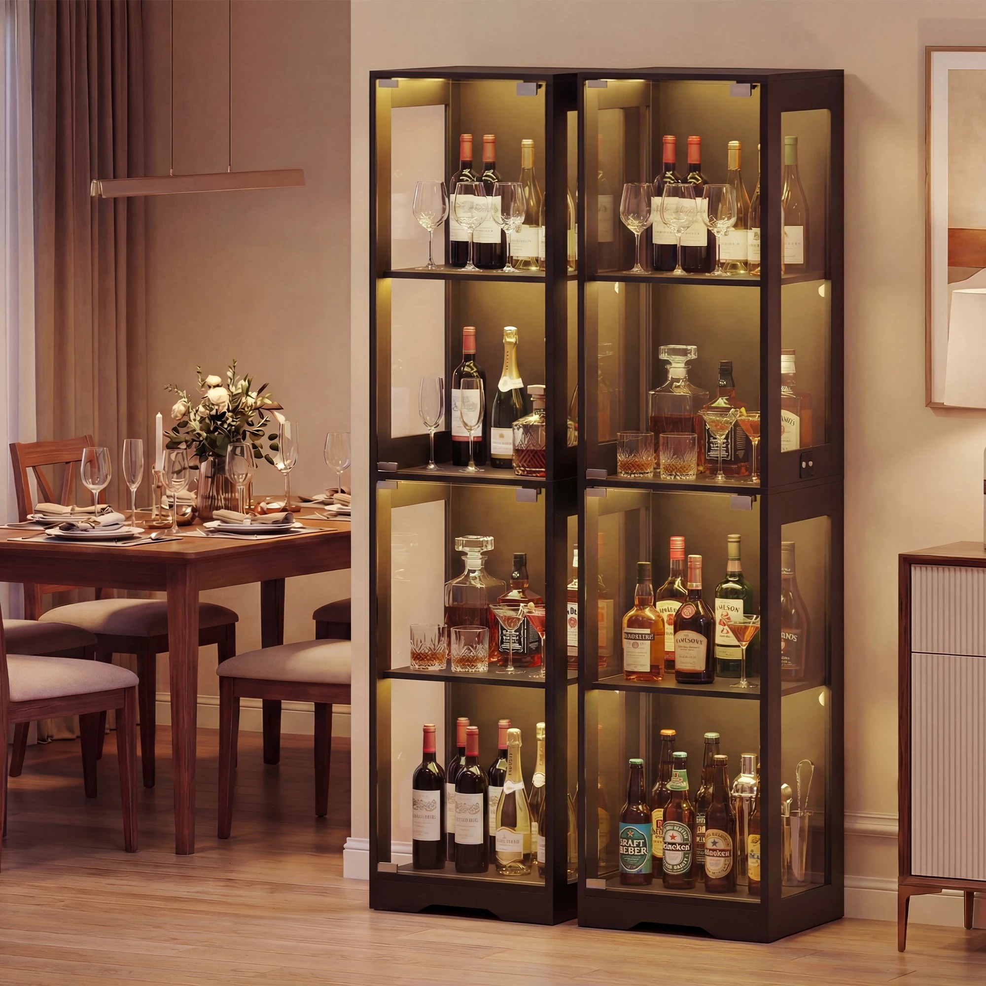 2 Advwin 4 Tier LED Glass Display Cabinet 160cm High Tall Storage Bookshelf - Black, 2 of 9