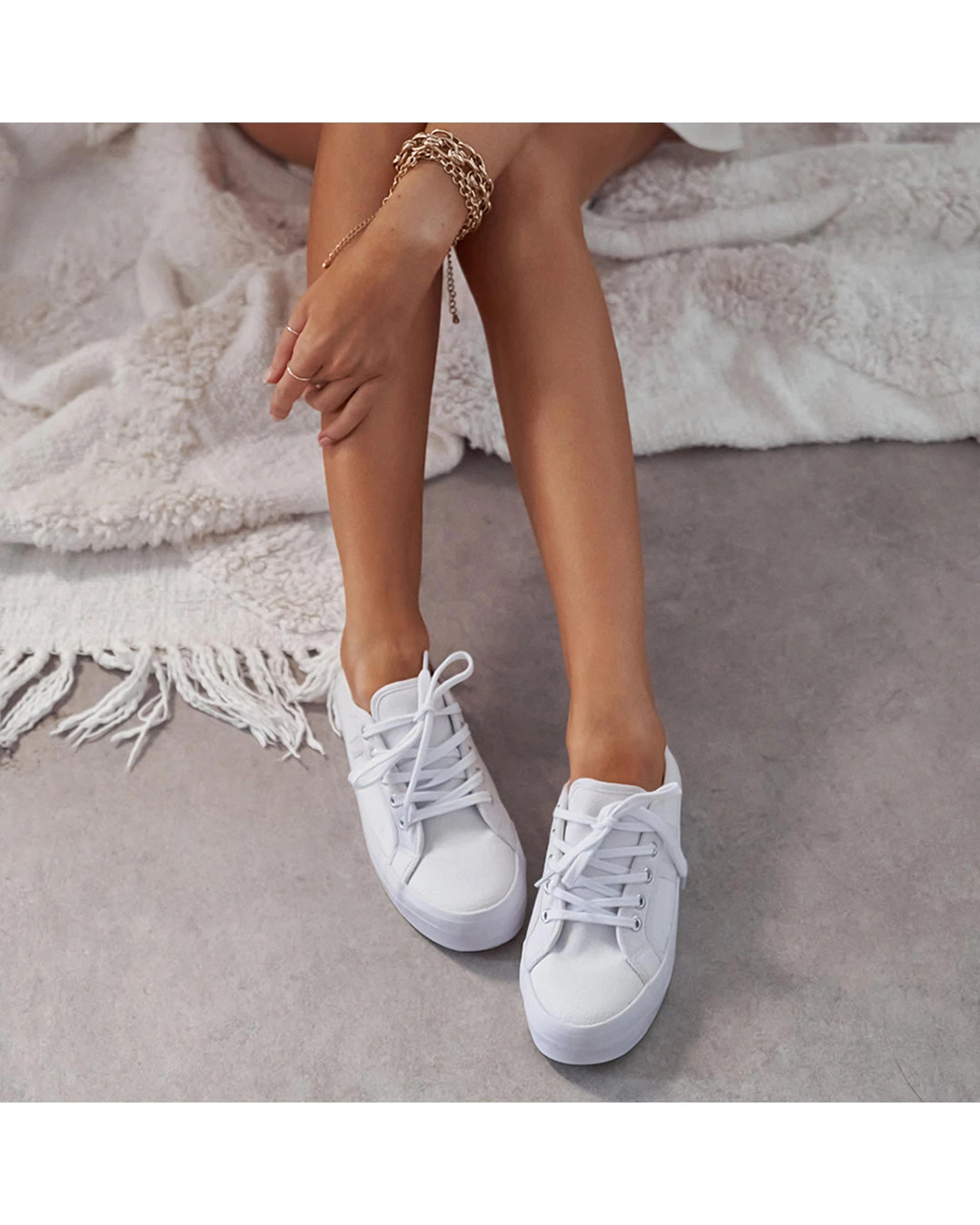 3 Human Shoes Cass Women's Leather Vulcanised Lace Up Sneakers White WHITE, 3 of 4