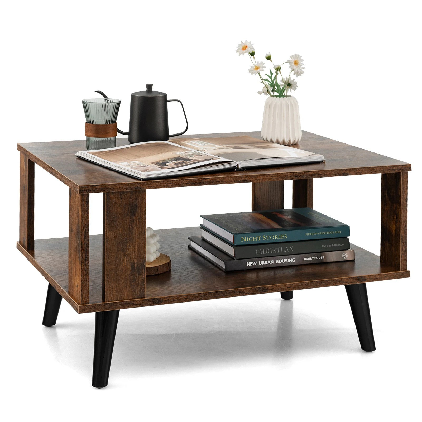 4 Costway 2-Tier Wood Coffee Table w/Open Storage Shelf, 4 of 4
