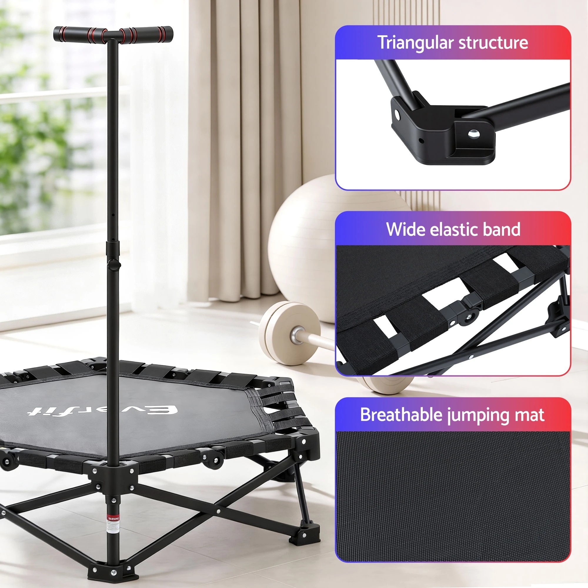 4 Everfit Fitness Foldable Trampoline Rebounder Adjustable Handle Indoor Exercise - Black, 4 of 5