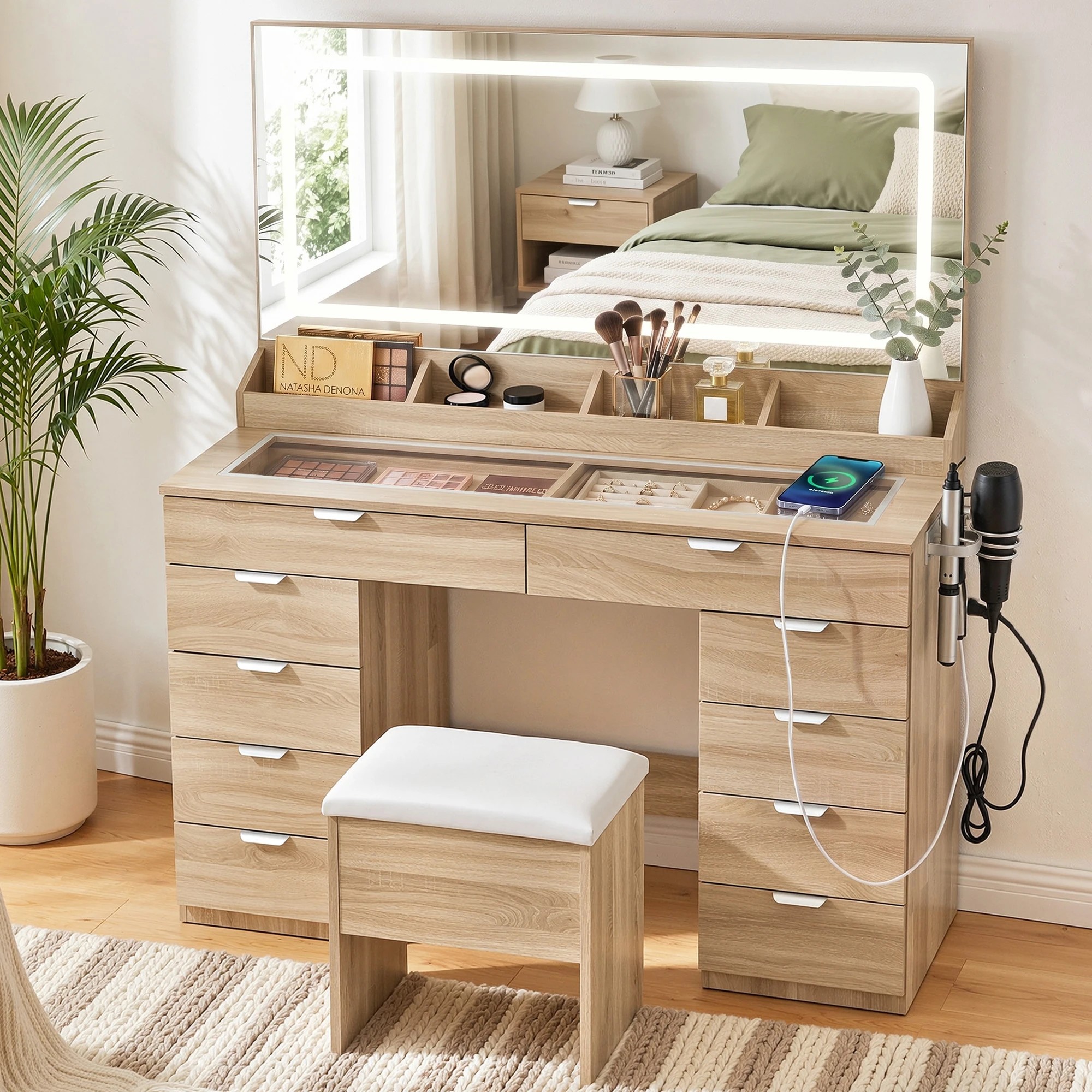 2 Artiss Dressing Table Charging Station LED Vanity Desk Set Stool Make up Mirror Storage Drawer - Natural, 2 of 9