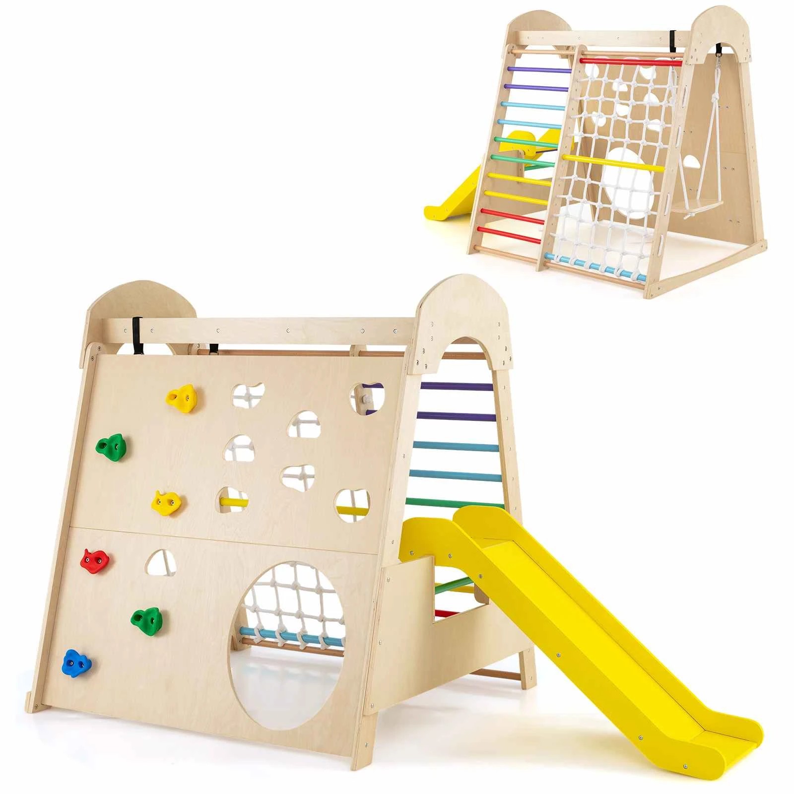 1 Costway Climb Playset 8-in-1 Indoor Wooden Climbing Wall Net Ladder Swing Slide - Multi, 1 of 1