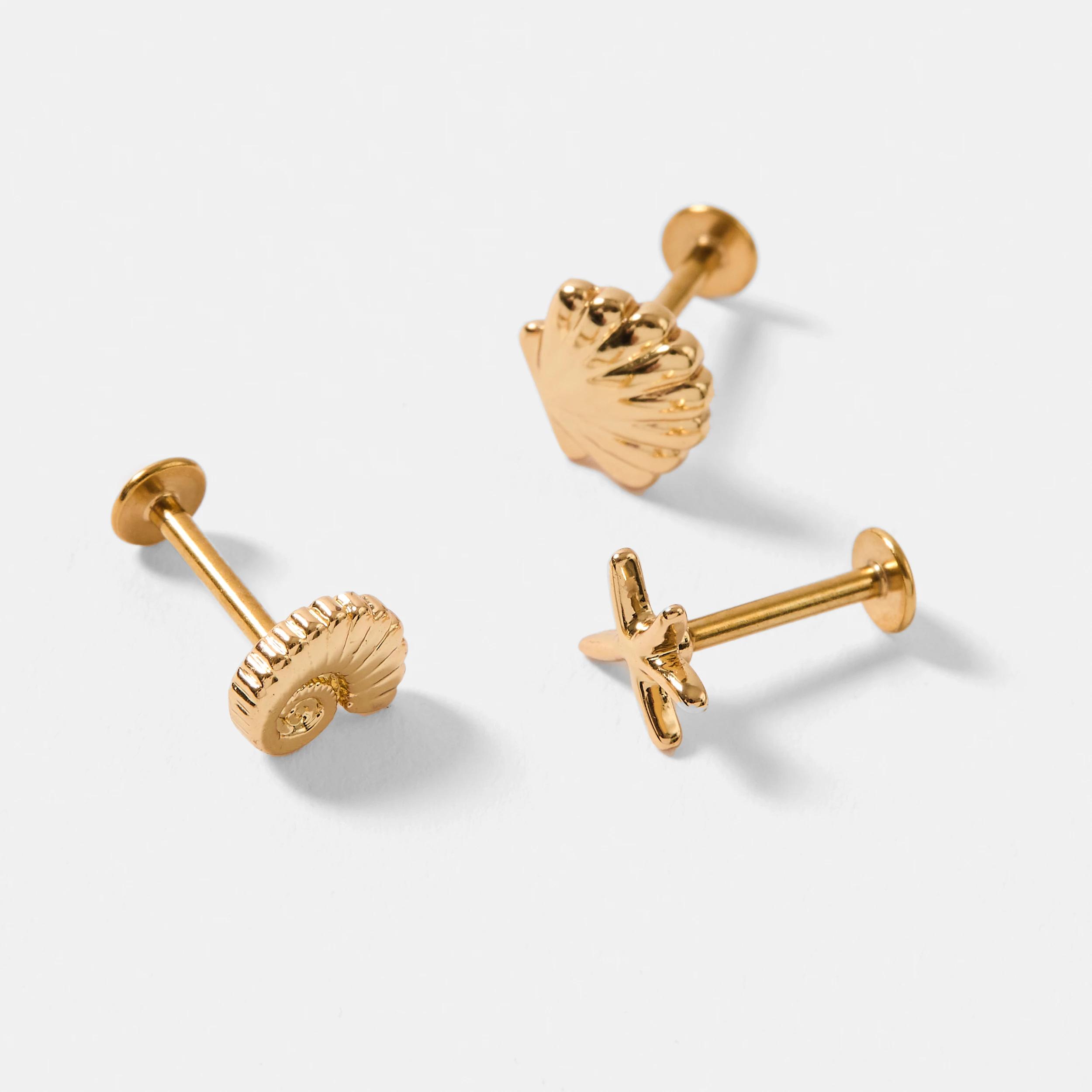2 3 Pack Starfish Ear Piercing Studs - Gold Tone GOLD, 2 of 4