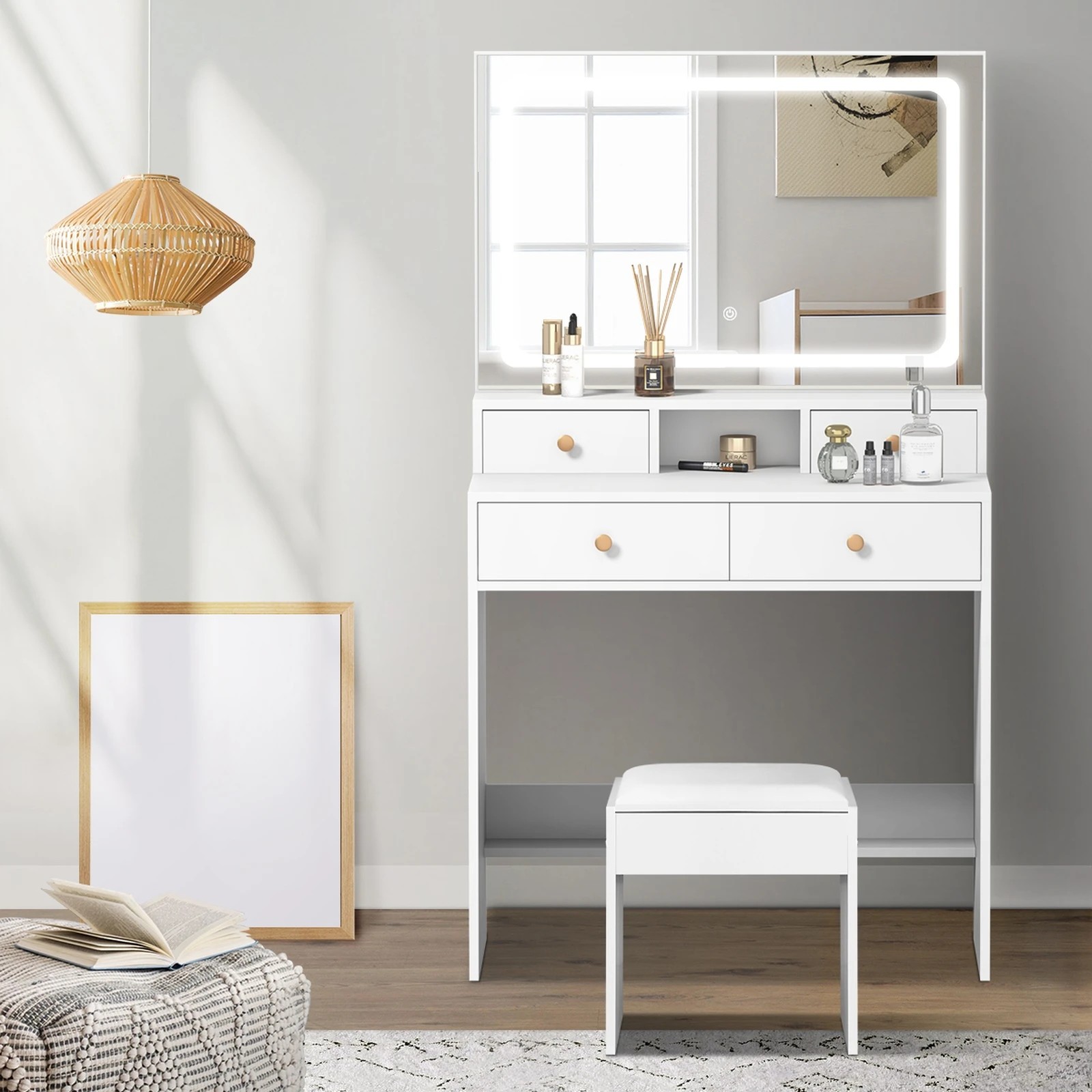 3 Oikiture Dressing Table Stool Set Led Mirror Vanity Desk With Drawers
 - White, 3 of 9