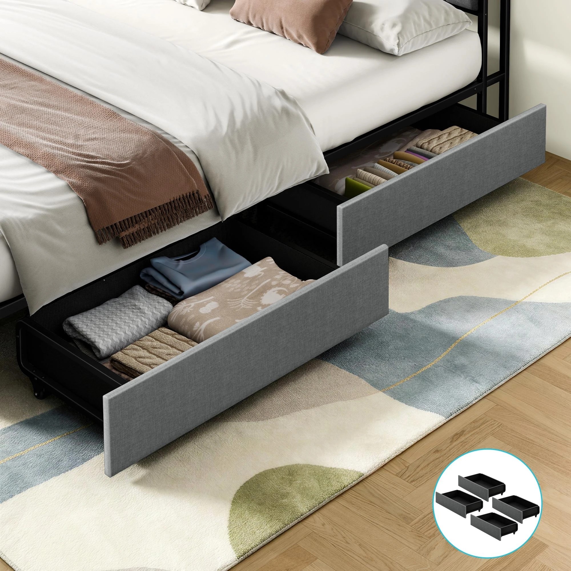2 Alfordson 4x Trundle Drawers for Bed Frame Underbed Storage Wheels - Grey, 2 of 6