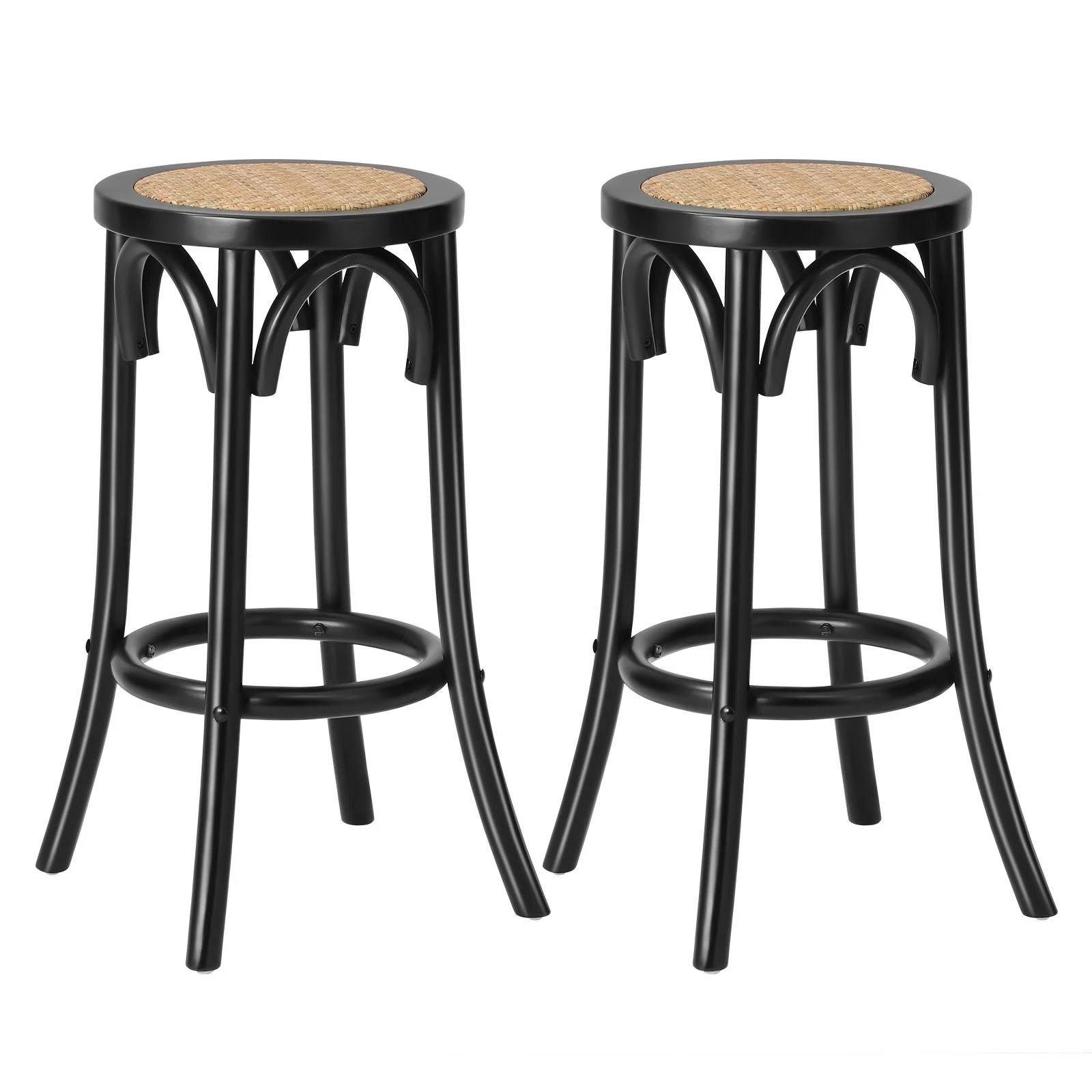 1 Oikiture 2x Bar Stools Kitchen Vintage Dining Chair Rattan Seat
 - Black, 1 of 10