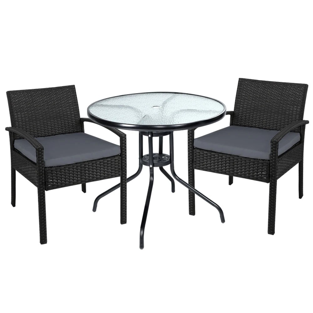 1 Gardeon 3PC Bistro Set Outdoor Furniture Rattan Table Chairs Cushion Patio - Black, 1 of 5