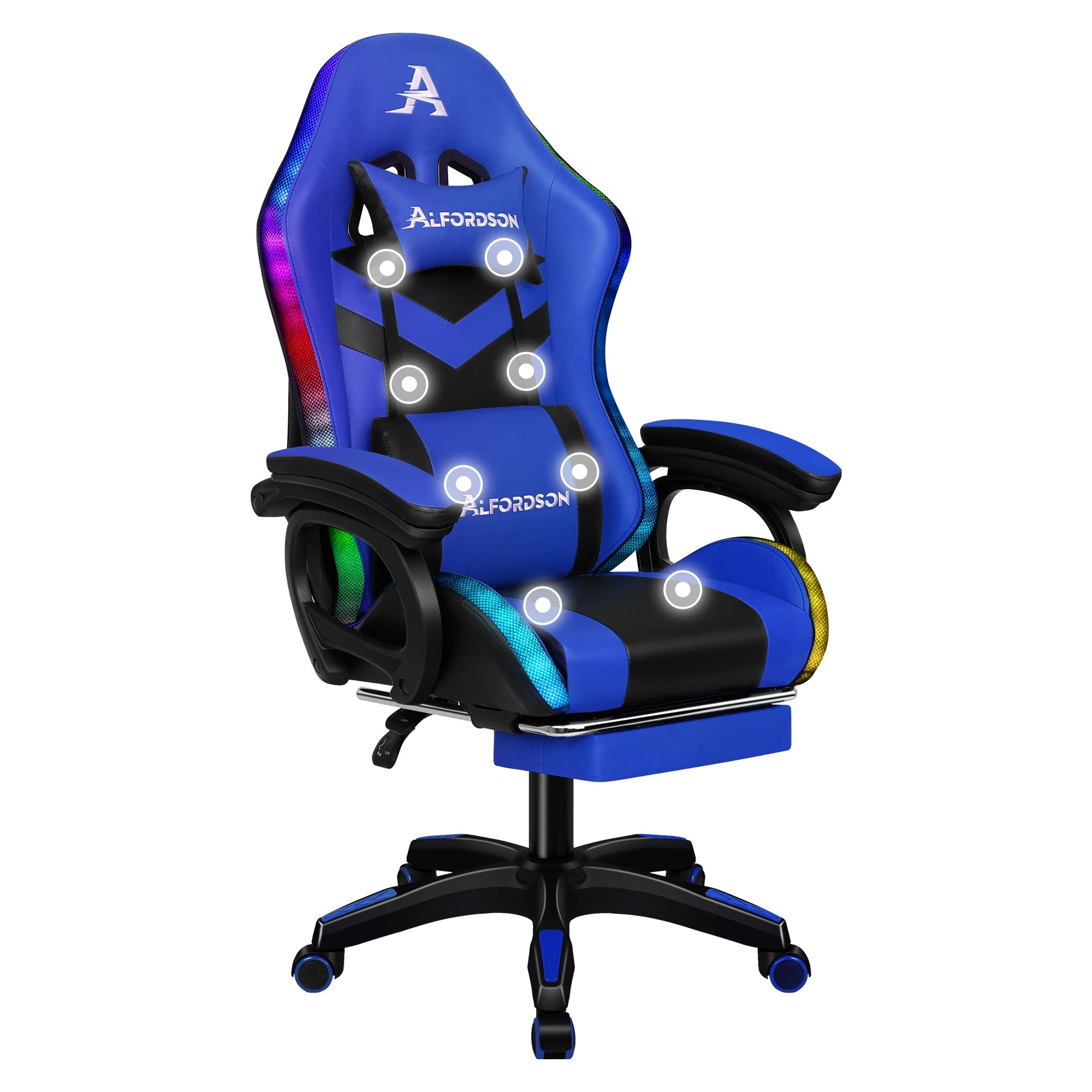 1 Alfordson Gaming Office Chair 12 RGB LED Massage Computer Seat Footrest - Blue, 1 of 10