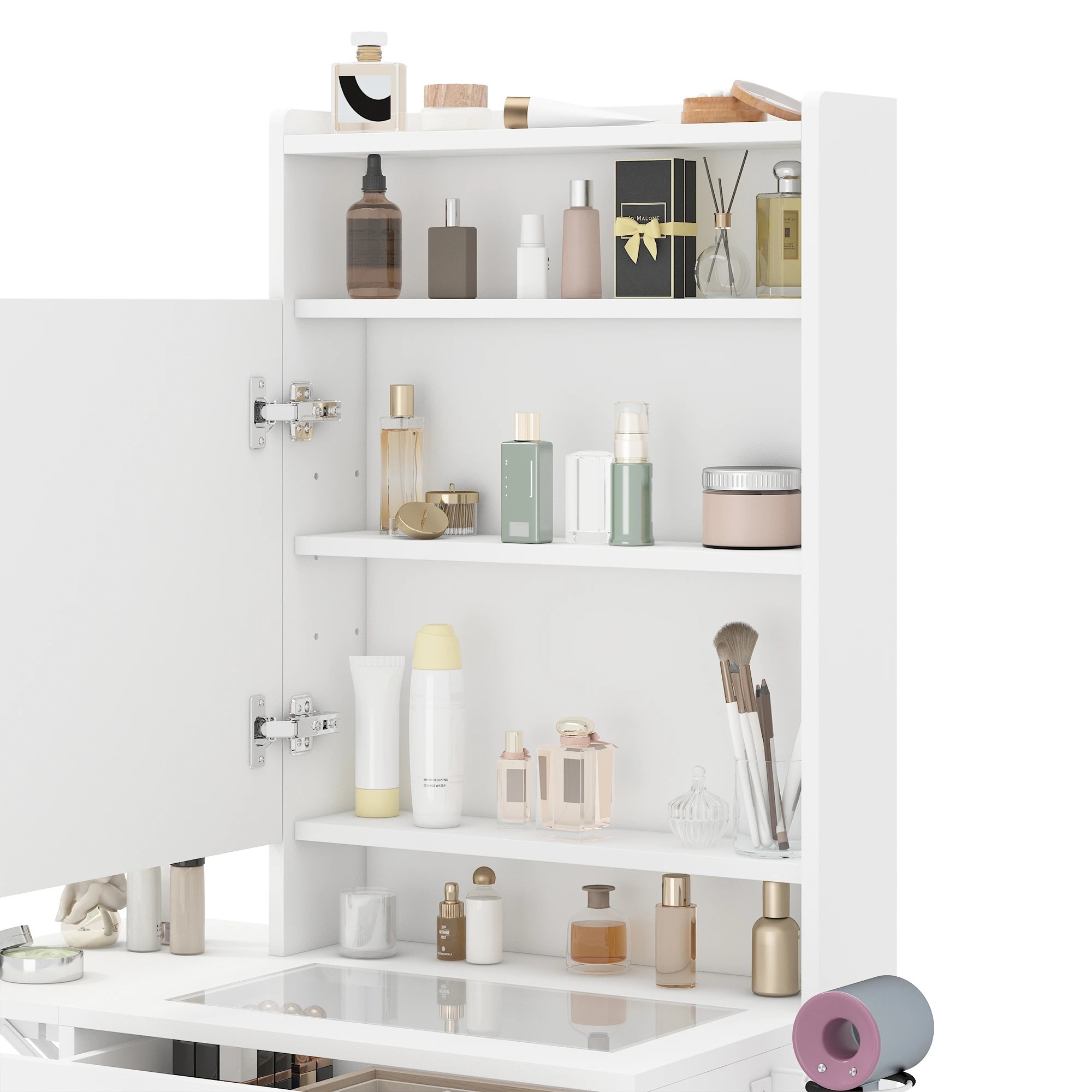 6 Advwin Dressing Table Stool w/ Glass Desktop Side Storage & Charging Station - White, 6 of 10