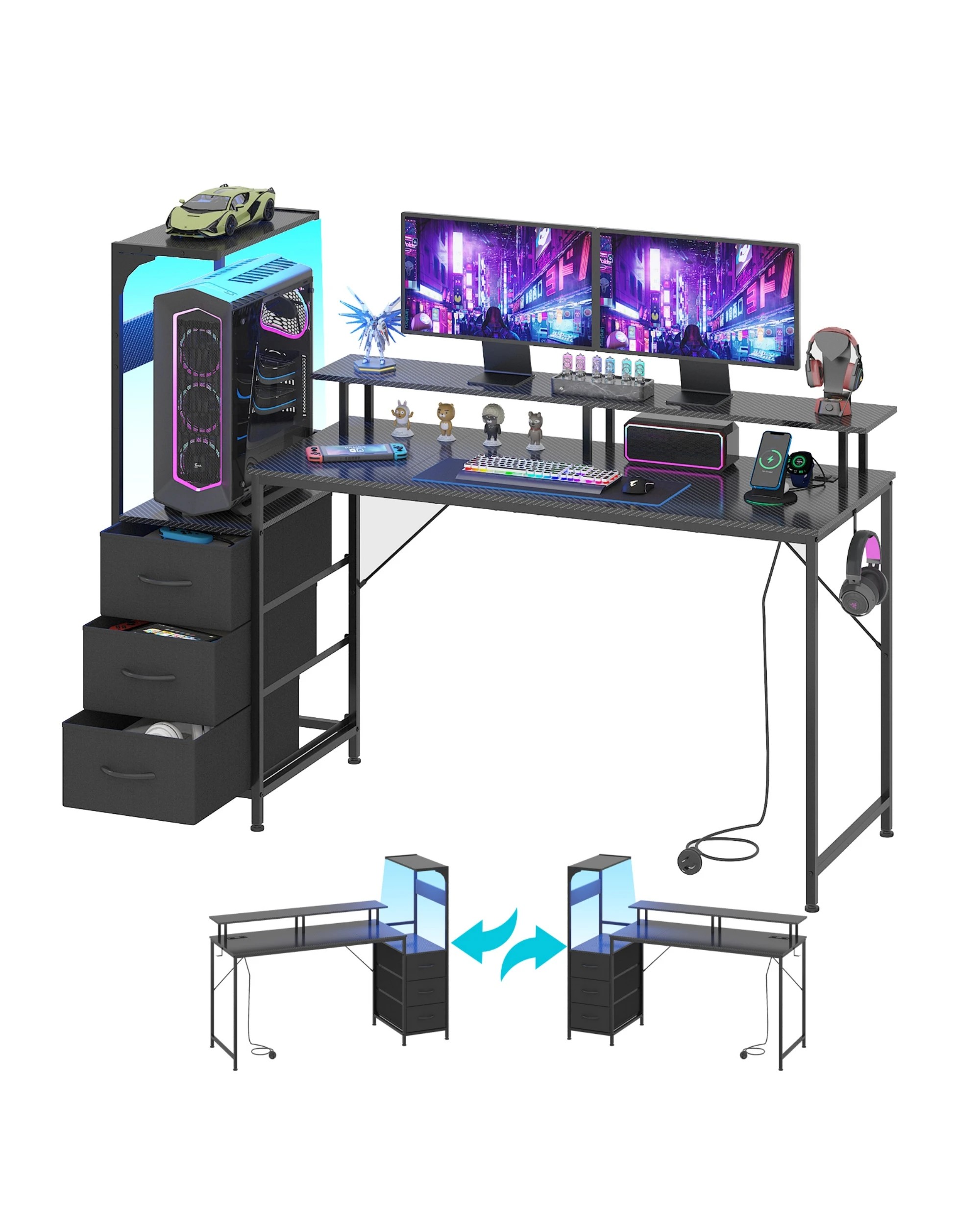 1 Advwin Gaming Desk with LED Lights & Power Outlets Reversible Storage Shelf 150cm Computer Desk, 1 of 10
