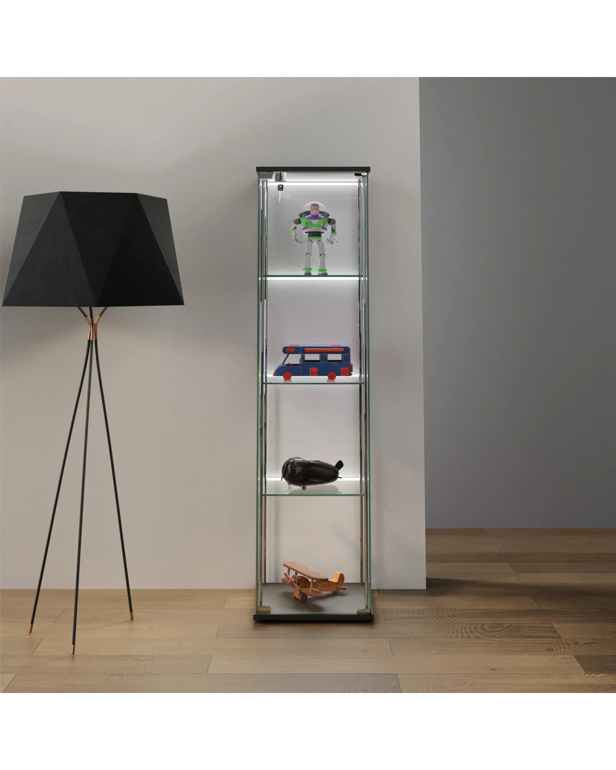 3 Kodu Glass Display 4 Tier Cabinet Trophy Display Storage Shelf 1 Door Lock LED lights - Black, 3 of 8