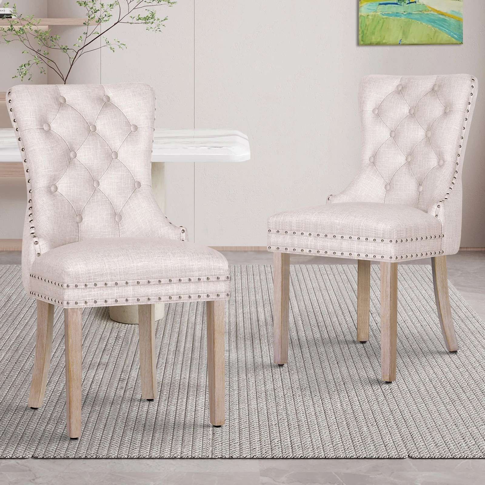 2 Alfordson 2x Dining Chair Kitchen Lounge Retro Button Tufted Wooden Fabric - Beige, 2 of 10