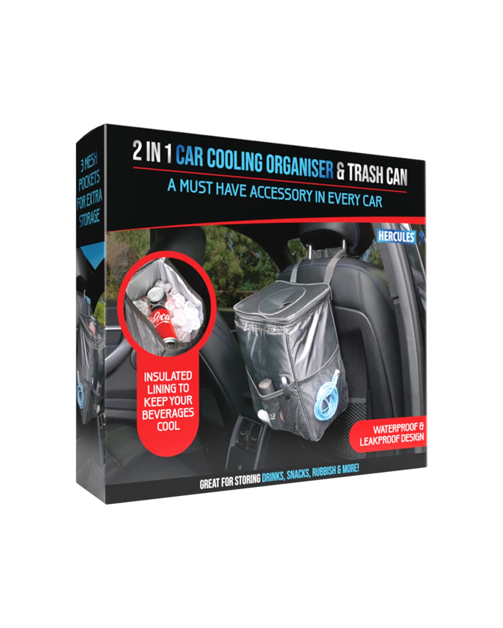 1 Hercules 2 In 1 7.5L Car Drink Beverage Food Insulated Cooling Bag Organiser & Trash Can - Grey, 1 of 6