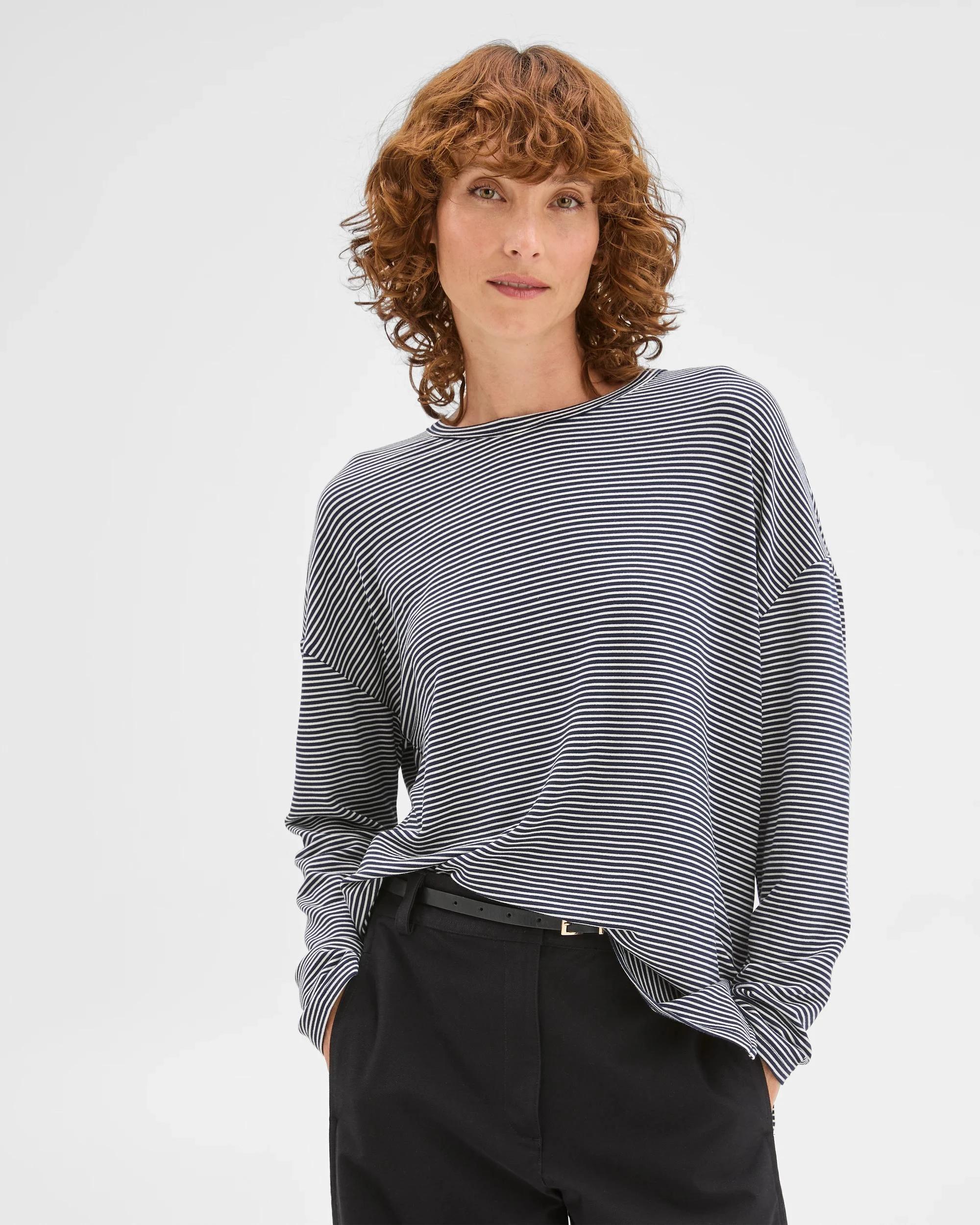 1 Target Woman Long Sleeve Drop Shoulder Curved Hem Top NAVY + WHITE, 1 of 6
