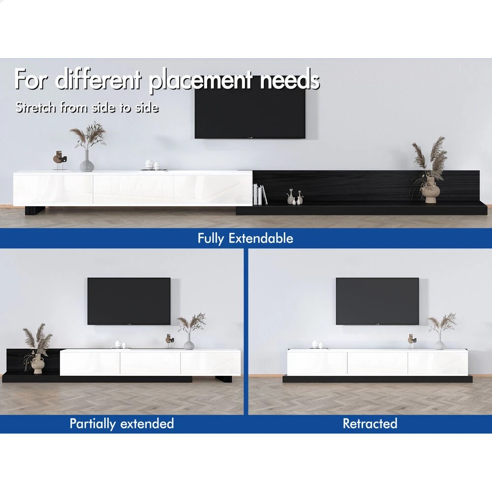 4 Alfordson 200-380cm Extendable Entertainment Unit TV Cabinet Stand Storage Shelf - Black White, 4 of 8