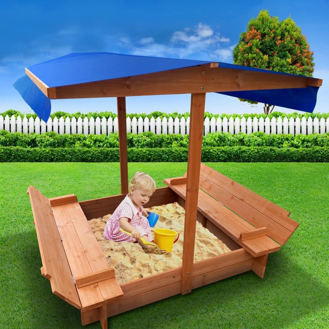 3 Keezi Kids Sandpit Wooden Sandbox Sand Pit with Canopy Foldable Seat Toys 120cm Durable Space Saving Sturdy - Brown, 3 of 6