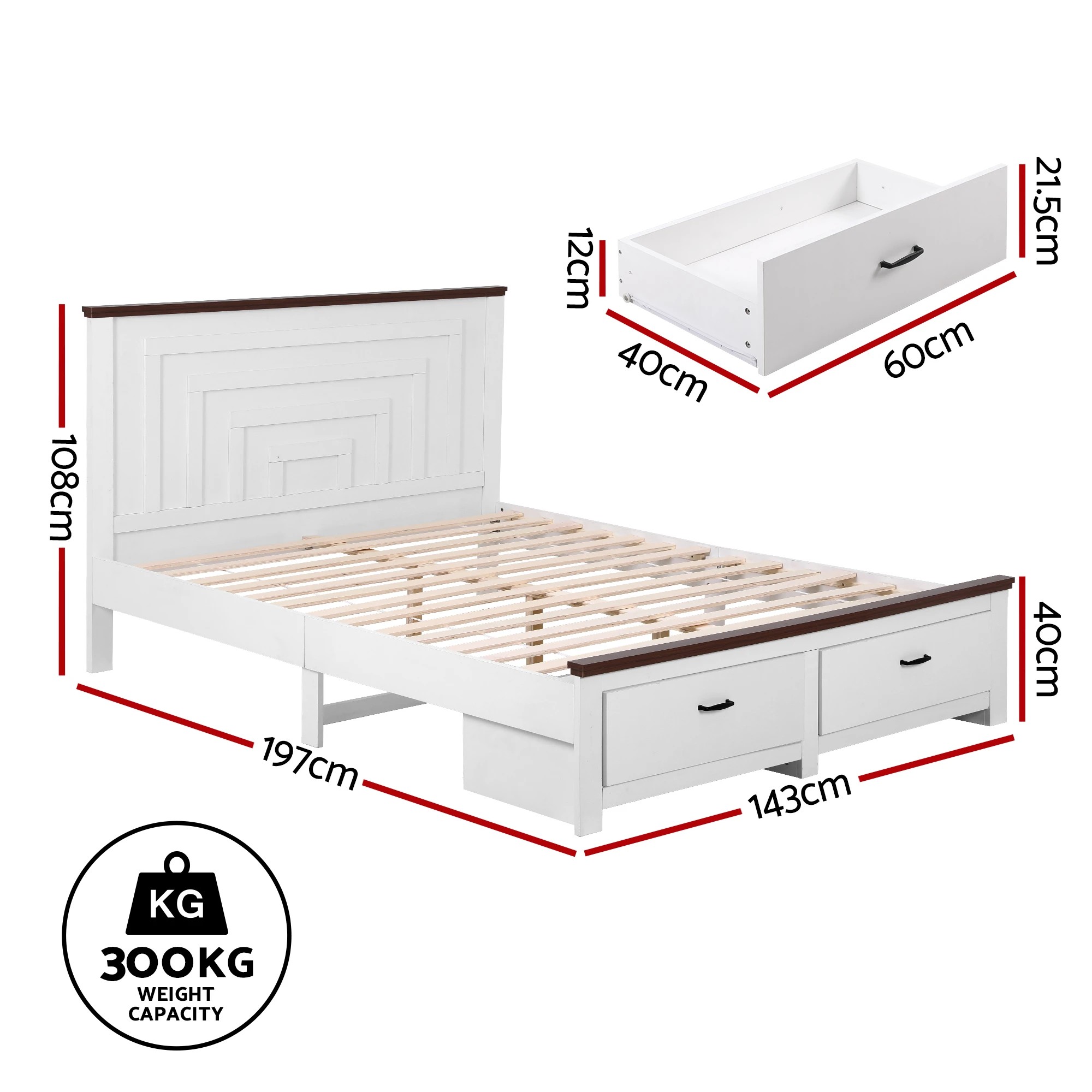 2 Artiss Double Wooden Bed Frame with 2 Drawer Platform Bed with 108cm Solid High Headboard  Bed Base for Bedroom - White, 2 of 7
