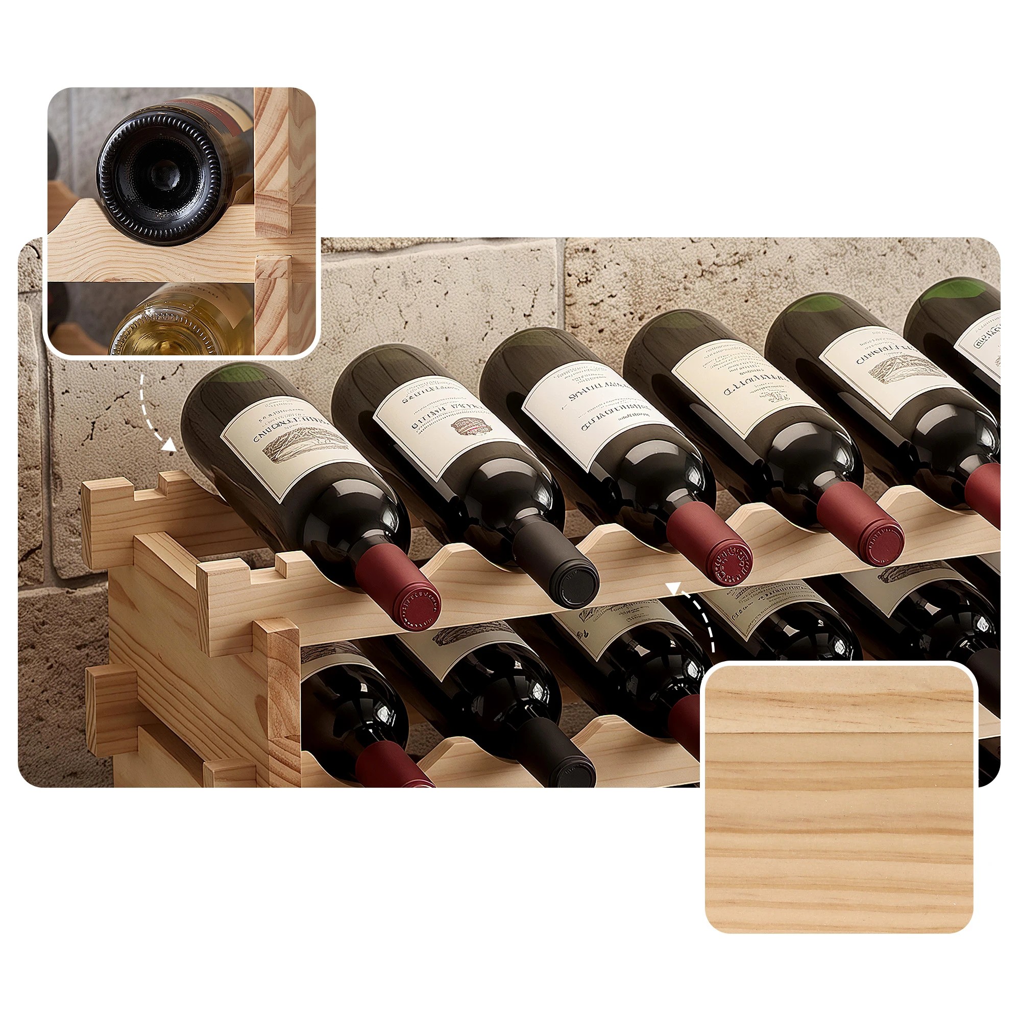 9 Artiss 36 Bottle Wooden Wine Rack - 6 Tier Modular Pine Wood Stand, 70 x 30 x 70cm - Natural, 9 of 9