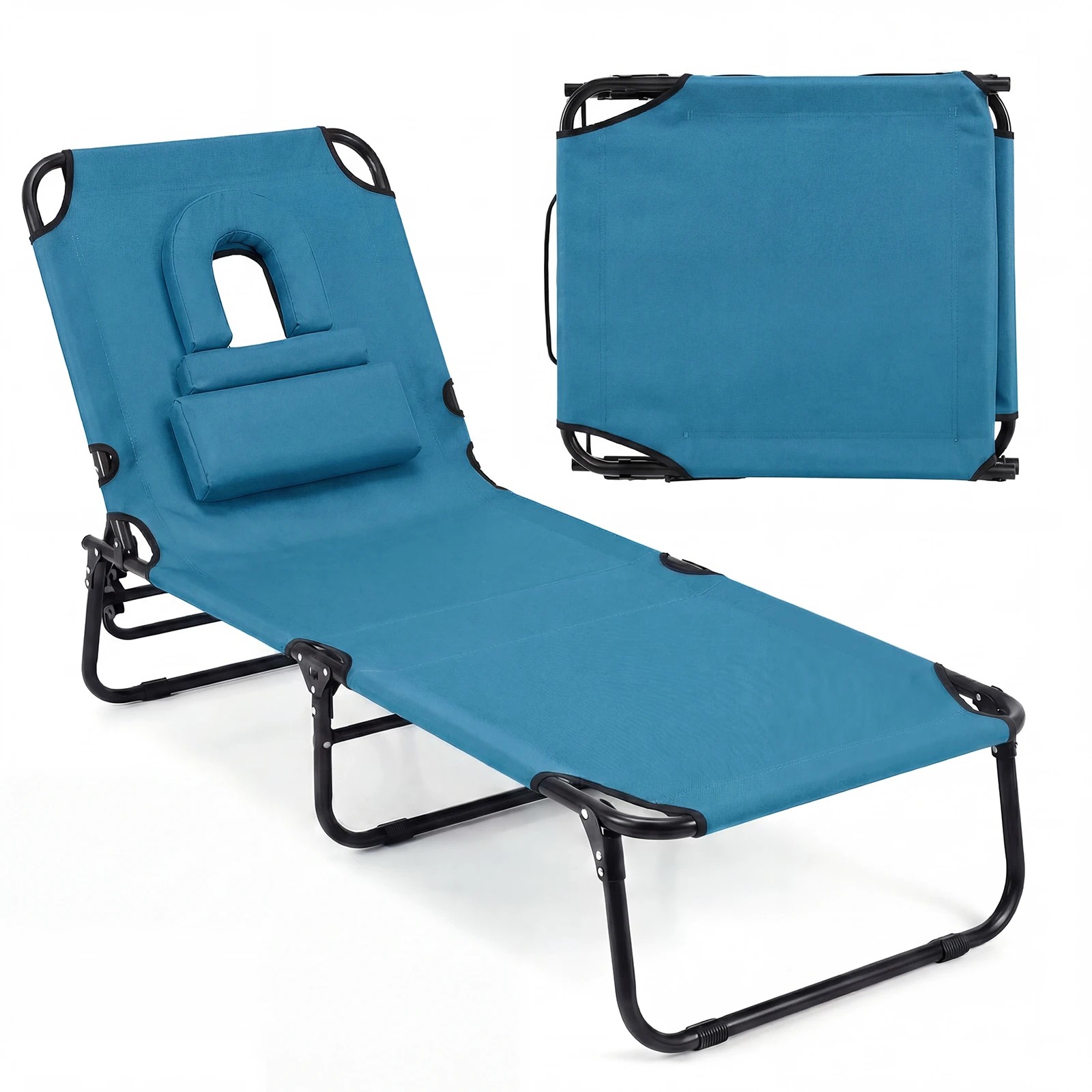 1 Costway Folding Beach Sun Lounger w/Removable Pillows Face Down Tanning Chair - Blue, 1 of 5