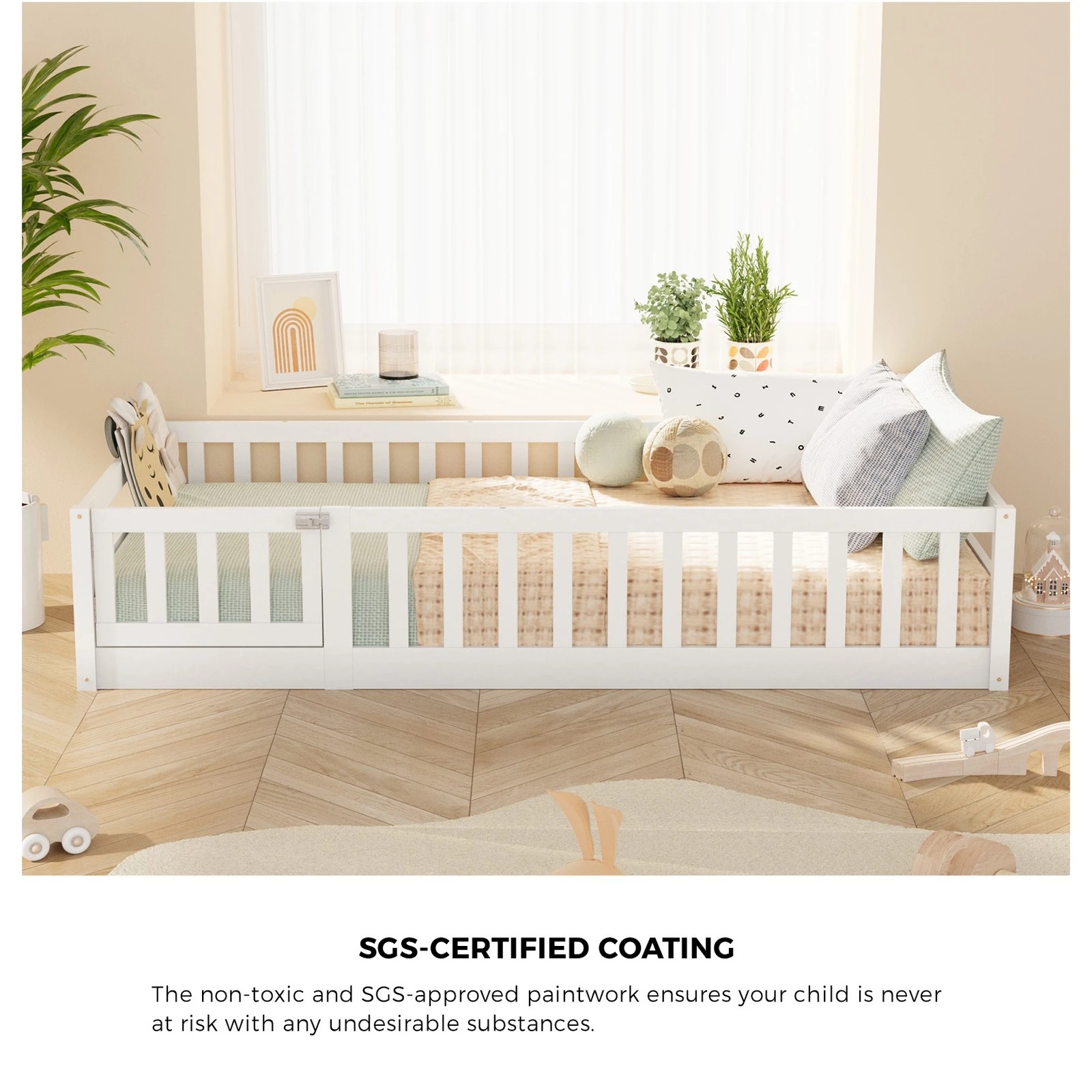 4 Oikiture Single Kids Bed Frame with Gate Fence Wood - White, 4 of 10