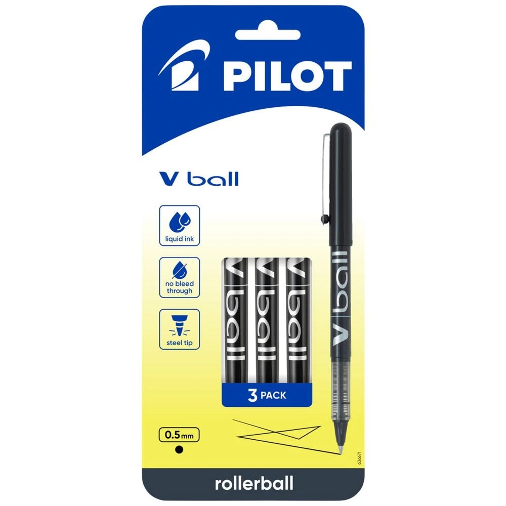 1 PILOT V Rollerball Pen 0.5mm Black 3 Pack, 1 of 6