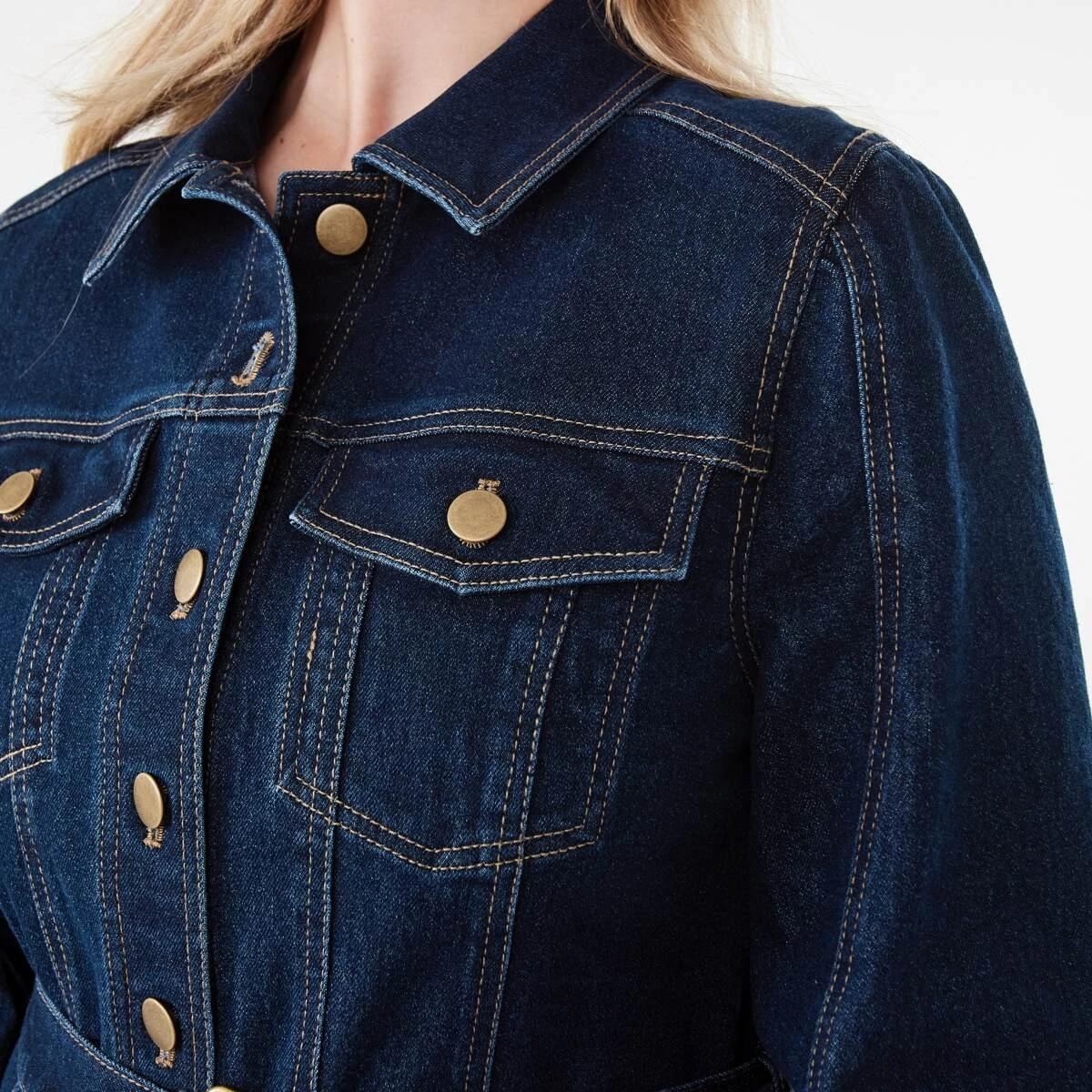 6 Long Sleeve Belted Denim Midi Dress Indigo, 6 of 10