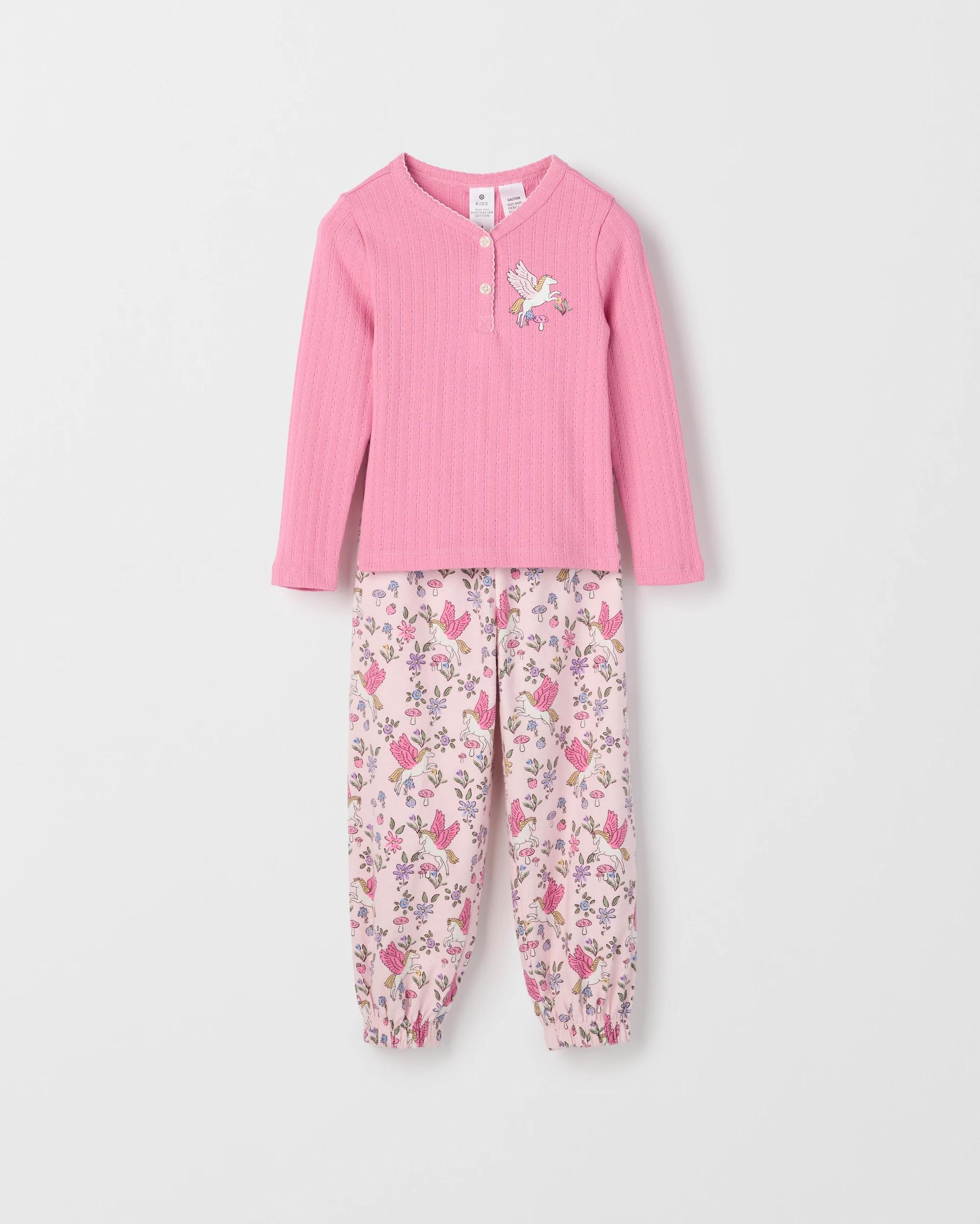 1 Target Kids Australian Cotton Younger Girls Henley Top and Flannel Pants Pyjama Set PEGASUS, 1 of 4