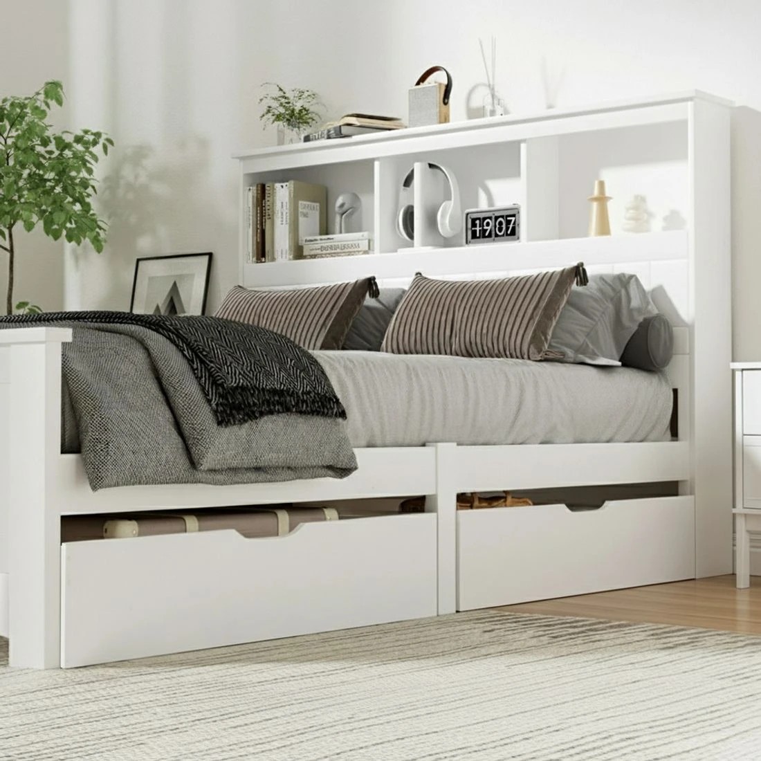 5 Artiss Bed Frame Double Size en with 3 Shelves Bed Head - White, 5 of 10