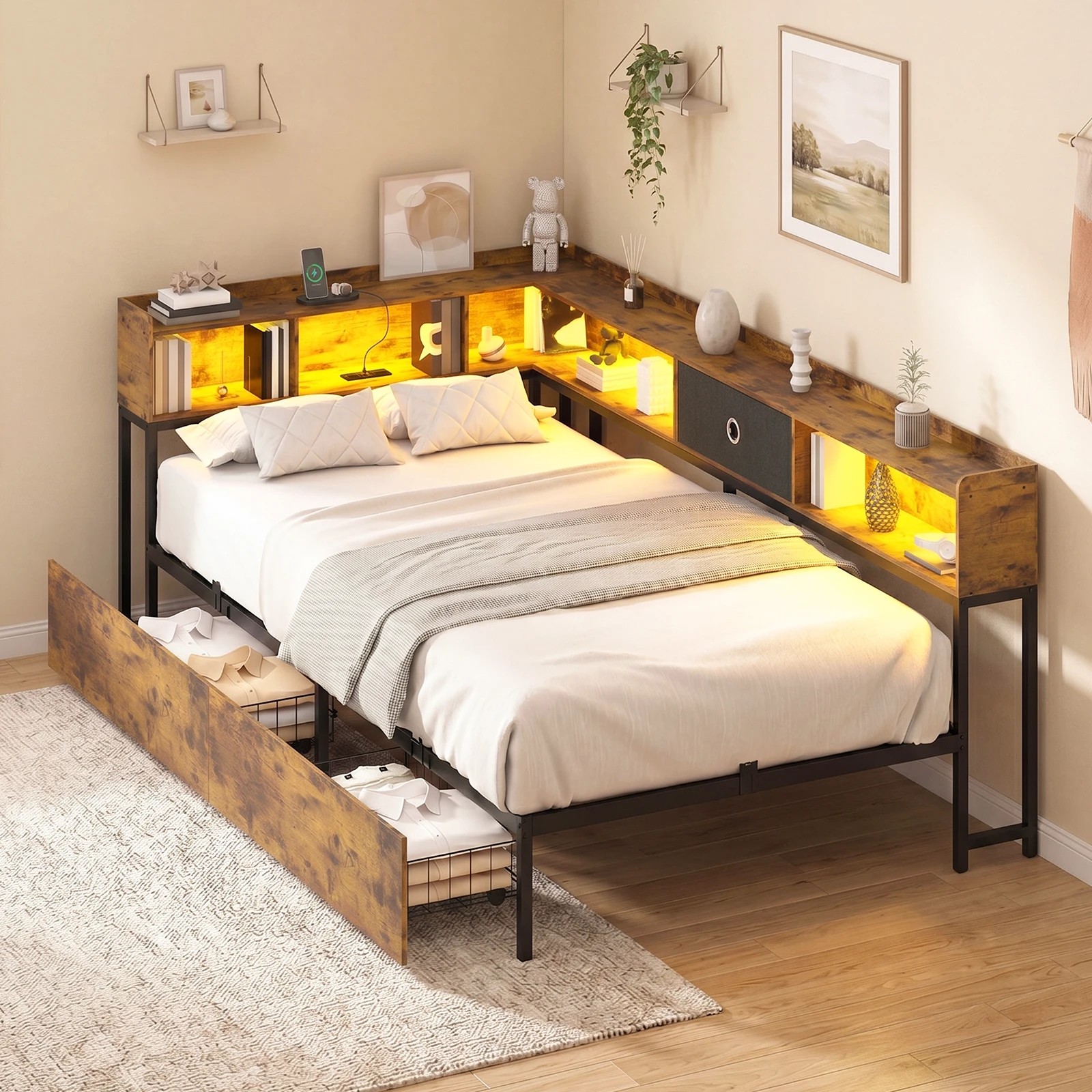 10 Advwin King Single Corner Bed Frame with Storage Drawers, Charging Station and LED Lights - Brown, 10 of 10