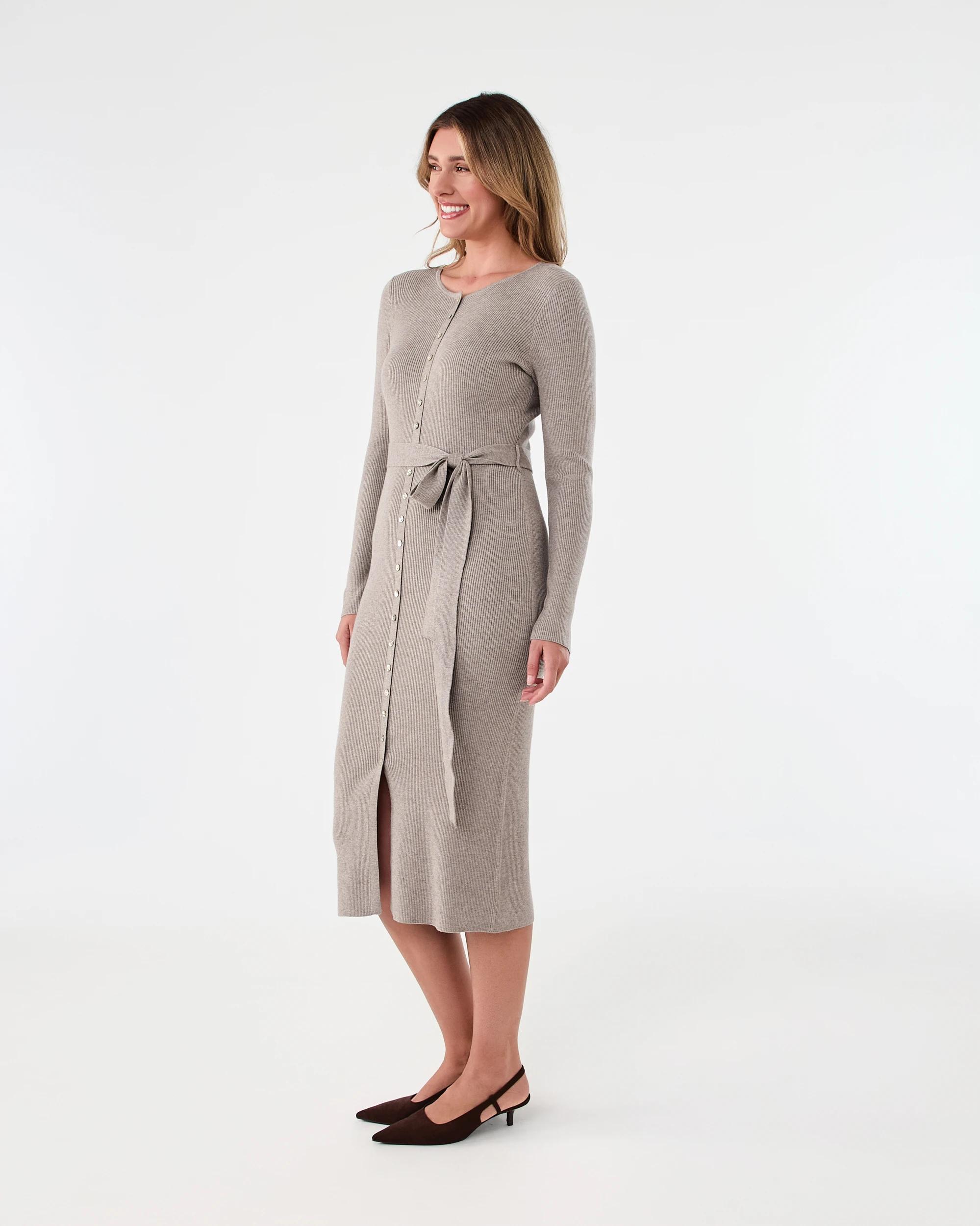 2 Long Sleeve True Knit Button Through Midi Dress Nat Taupe, 2 of 5
