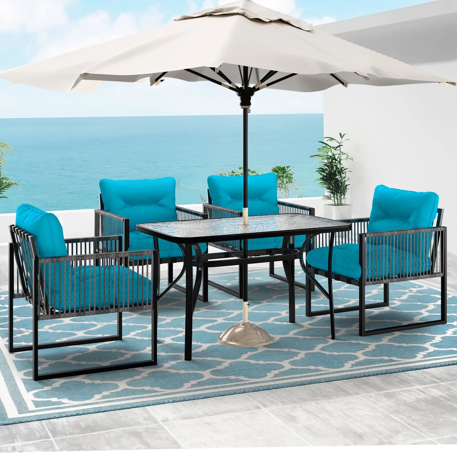3 Alfordson 5PCS Outdoor Dining Set Table and Lounge Chairs Patio Furniture Wicker - Blue, 3 of 10