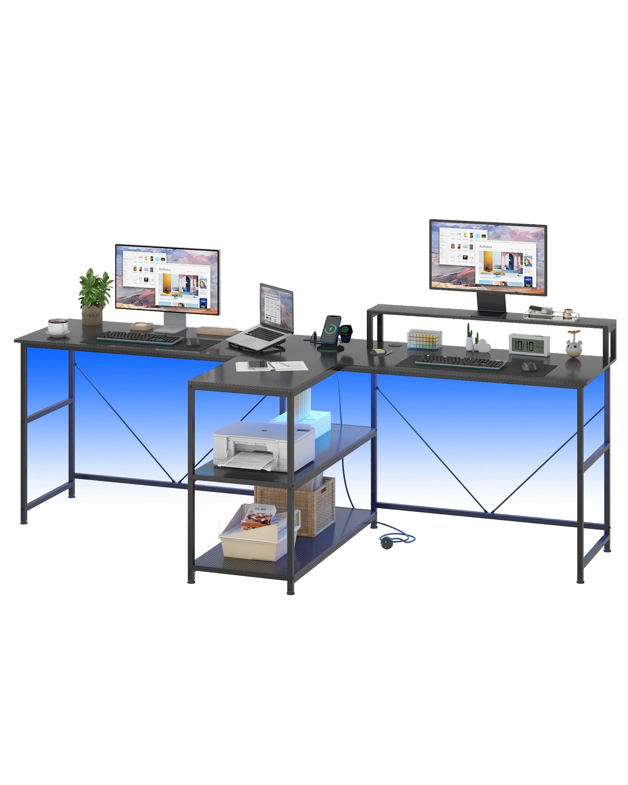 Advwin 236cm 2 Person LED Computer Desks w/ Power Outlets Extra Long ...