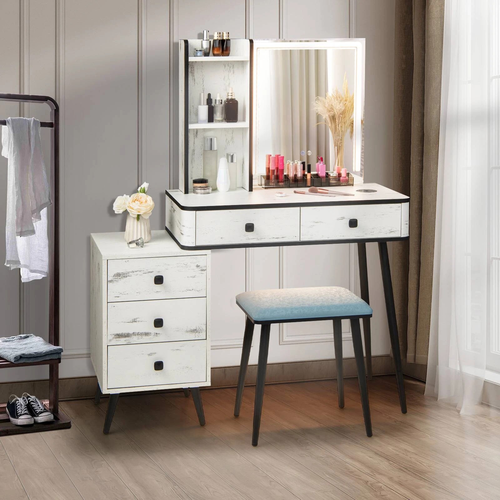 3 Costway Modern Dressing Table Stool Set Mirror Vanity Desk w/Cushioned Seat & Charging Station, 3 of 4