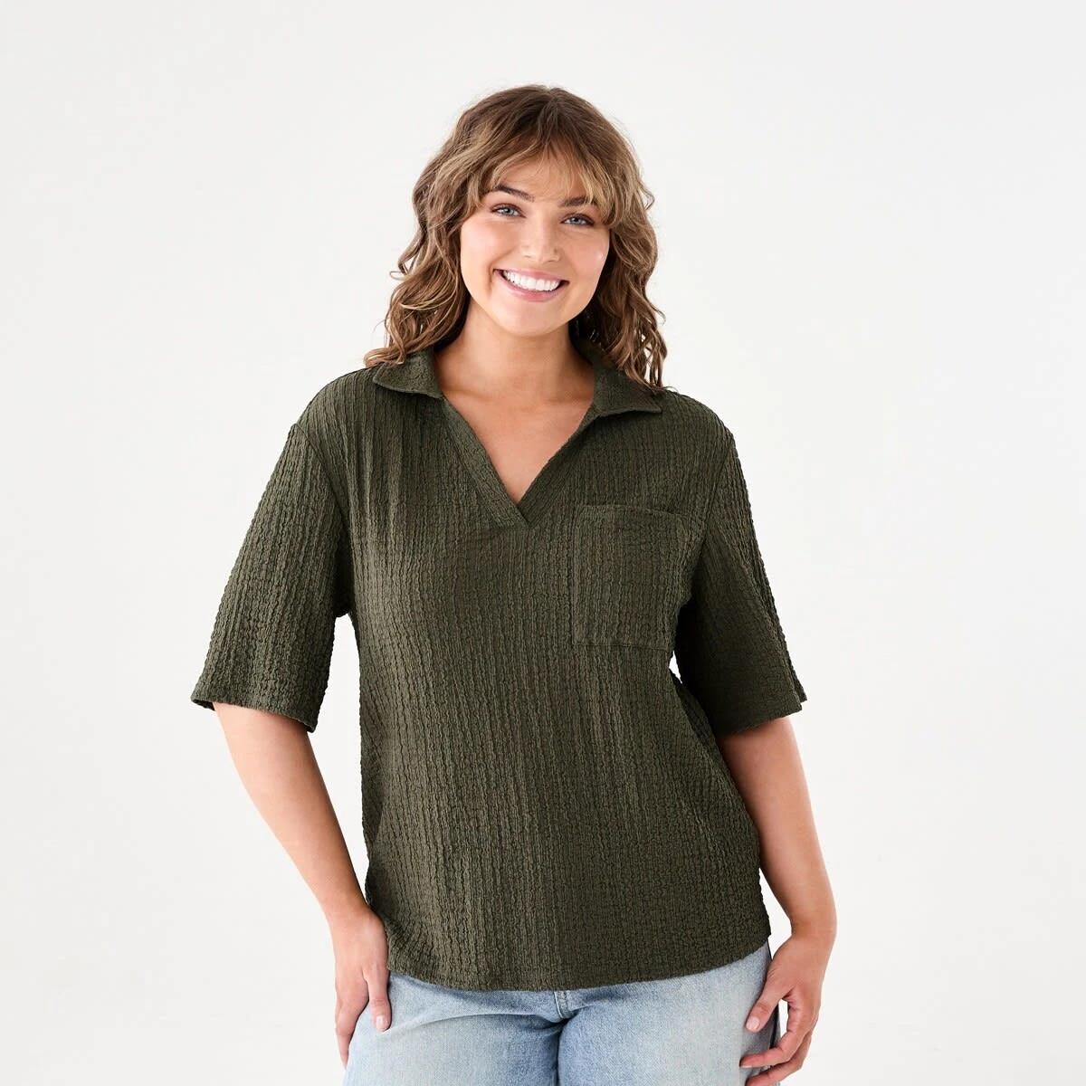 1 Short Sleeve Textured Polo Top BURNT OLIVE, 1 of 6