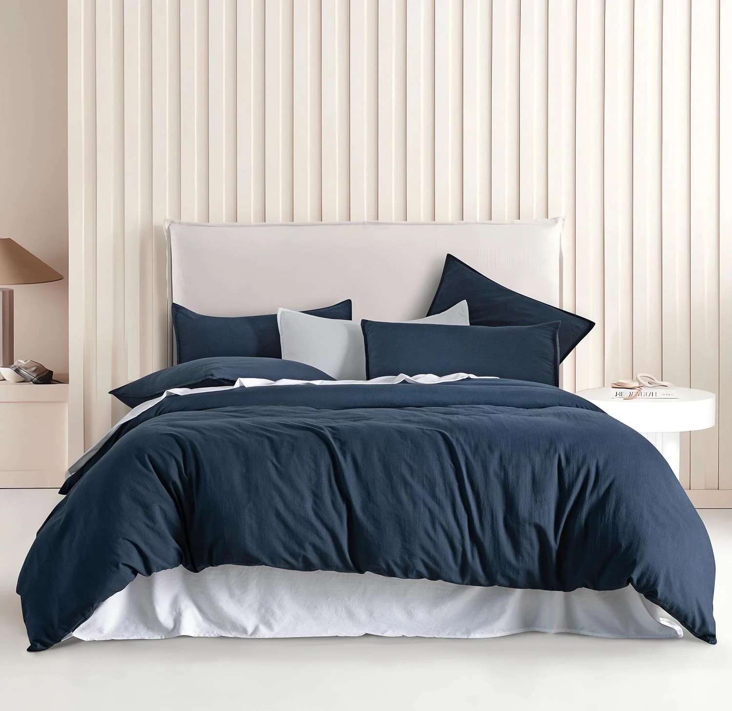 1 CleverPolly 100% Vintage Washed Microfibre Quilt Cover Set - Navy Blue - Queen Bed, 1 of 7