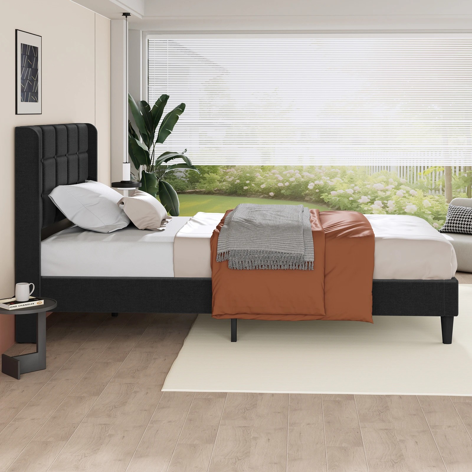 5 Alfordson Bed Frame Single Size Upholstered Wingback Base Fabric Sarah - Charcoal, 5 of 10