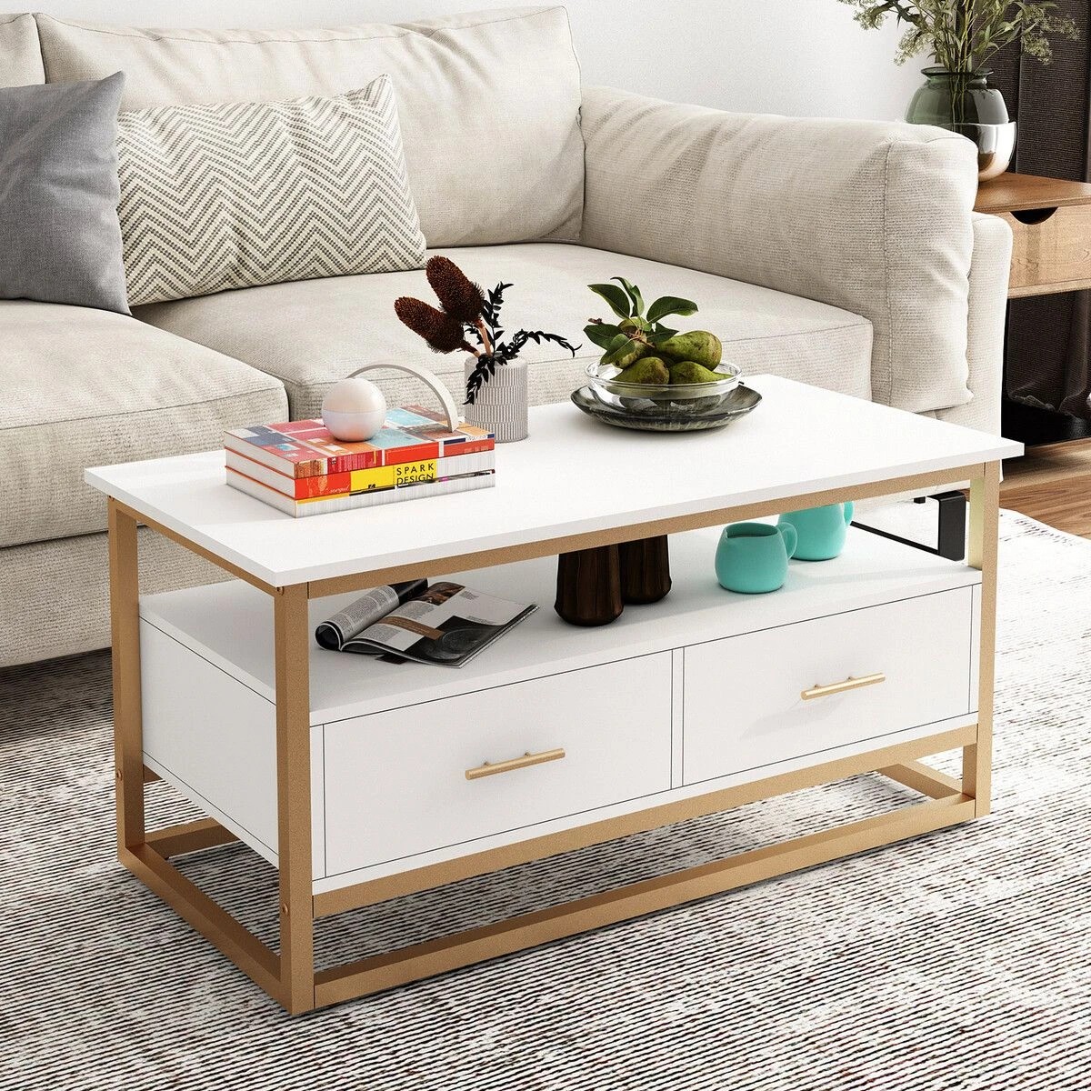 2 AUSWAY TV Stand Media Console Modern Storage Table Entertainment Centre Hidden Compartments Open Shelves, 2 of 3